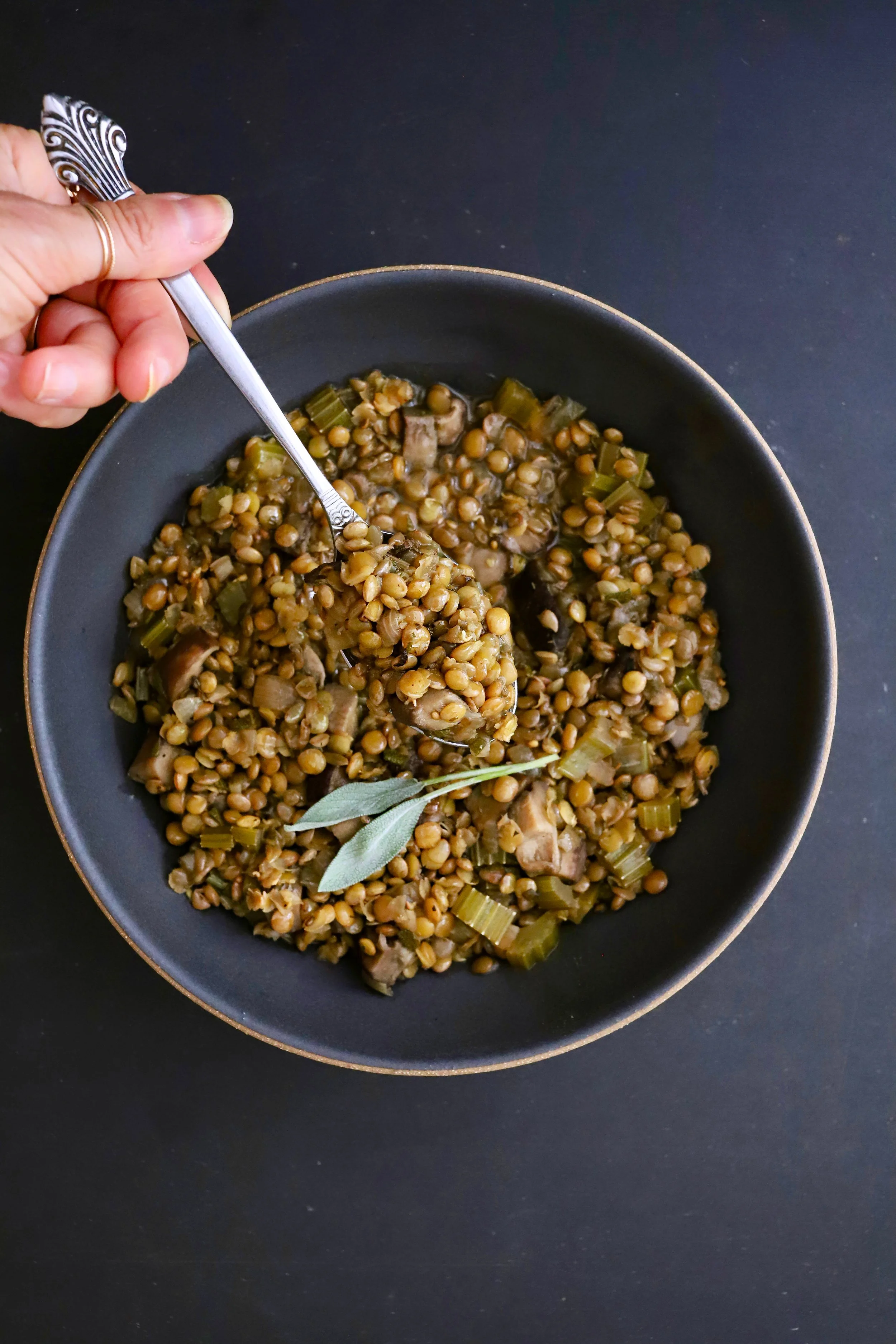 SMOKY LENTIL SOUP WITH SHIITAKE MUSHROOMS AND SAGE