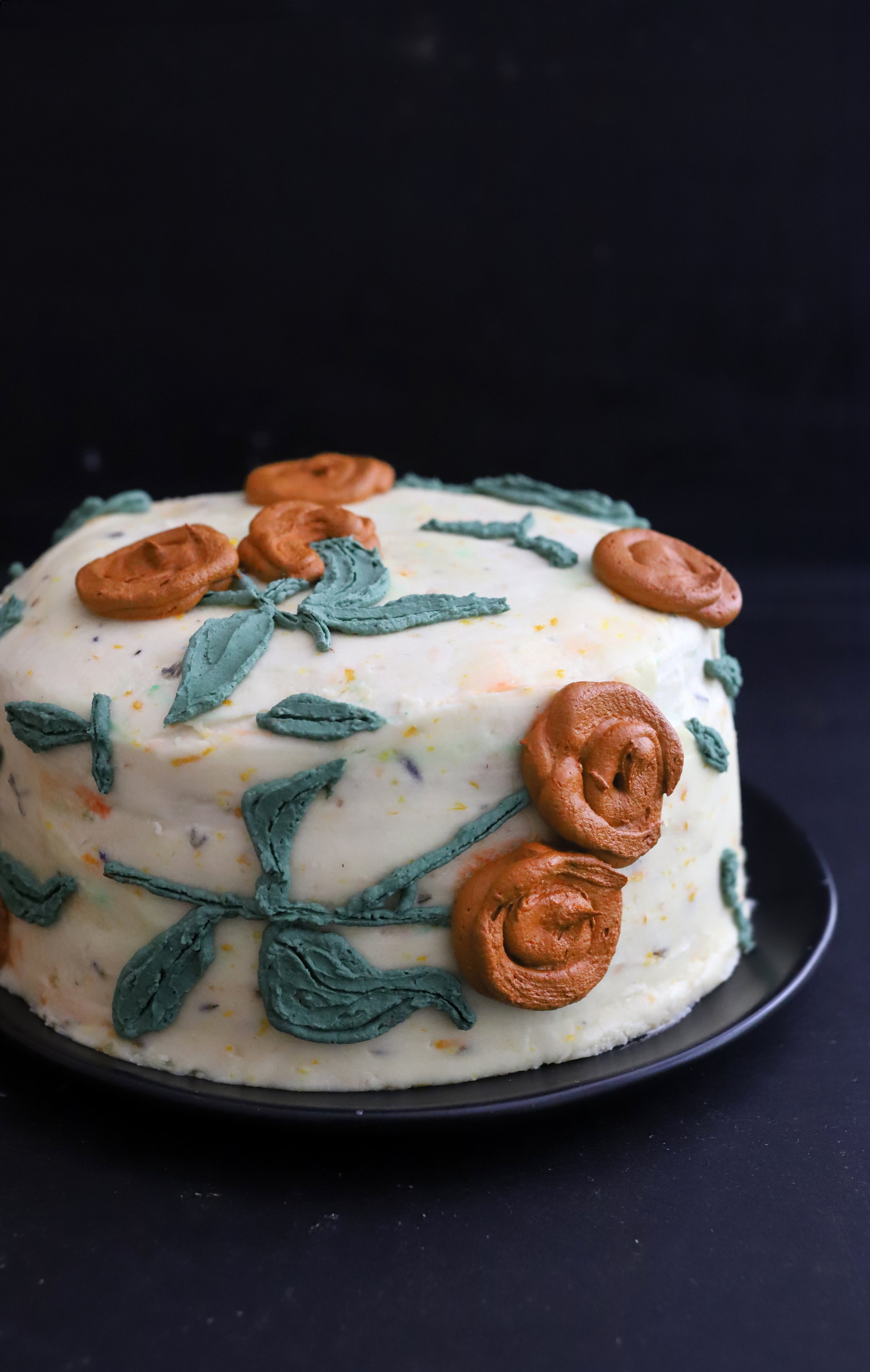 ORANGE BOURBON OLIVE OIL CAKE WITH ORANGE LAVENDER MASCARPONE BUTTERCREAM