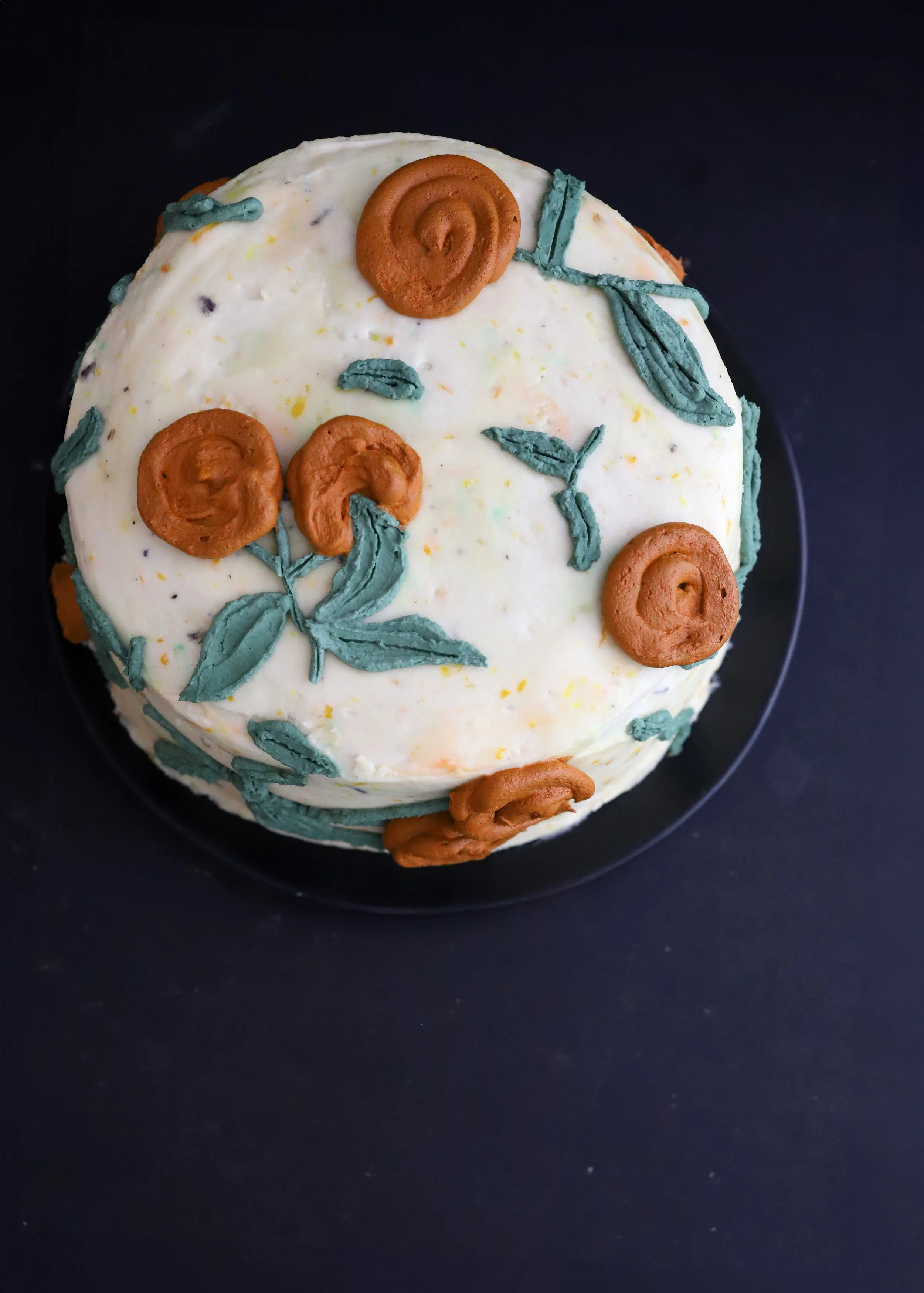 ORANGE BOURBON OLIVE OIL CAKE WITH ORANGE LAVENDER MASCARPONE BUTTERCREAM