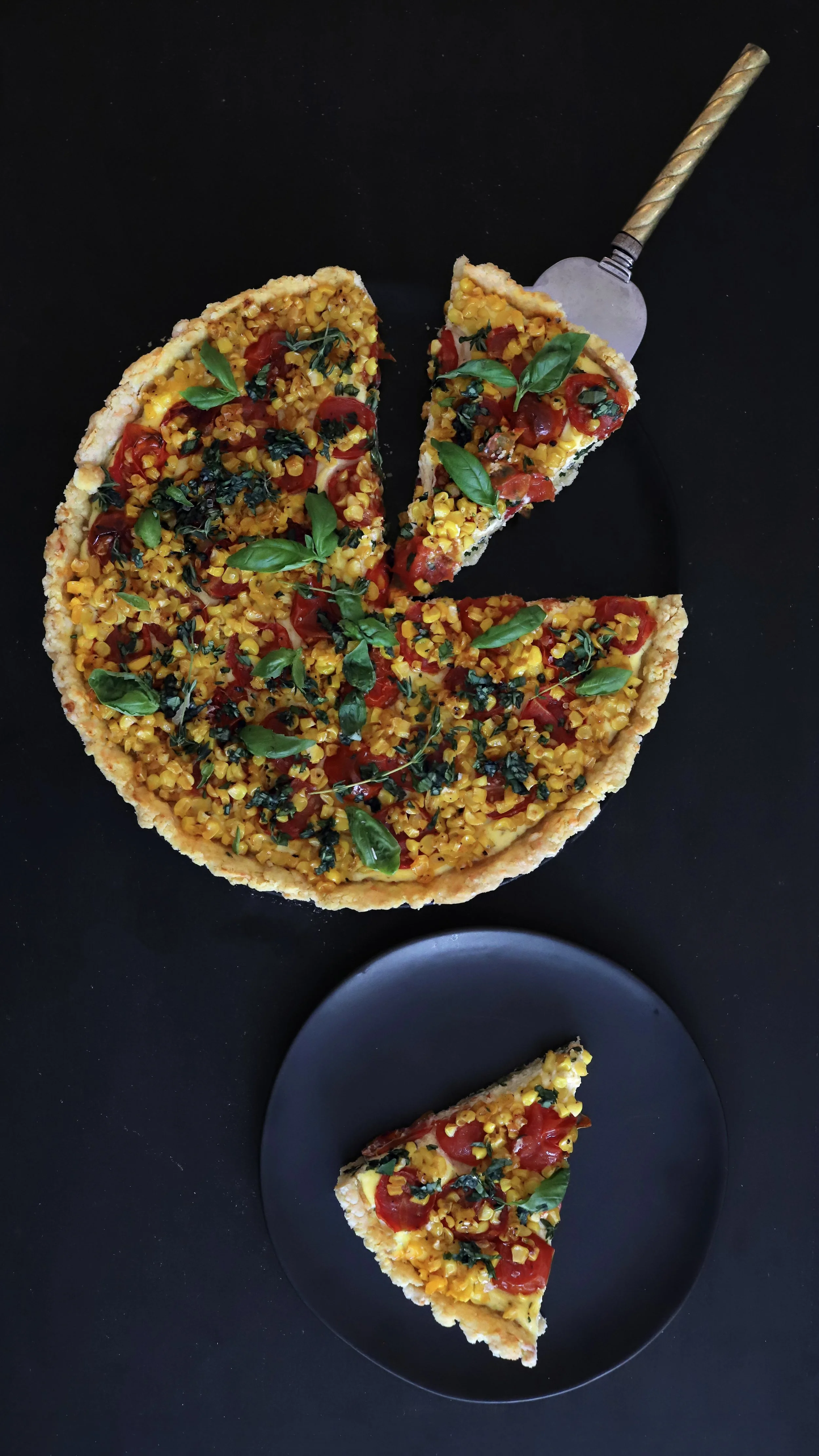 SUMMER ROASTED TOMATO, SWEET CORN &amp; RICOTTA TART WITH AN EASY PARMESAN PRESS-IN CRUST