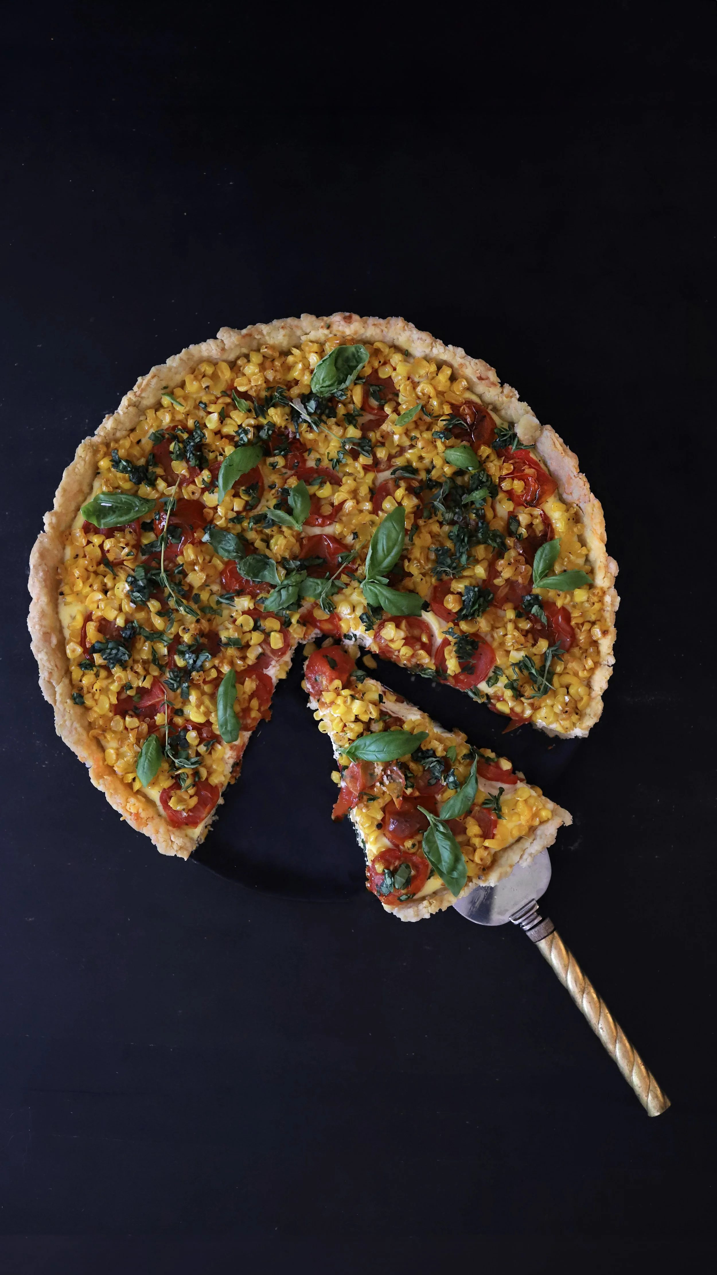 SUMMER ROASTED TOMATO, SWEET CORN &amp; RICOTTA TART WITH AN EASY PARMESAN PRESS-IN CRUST