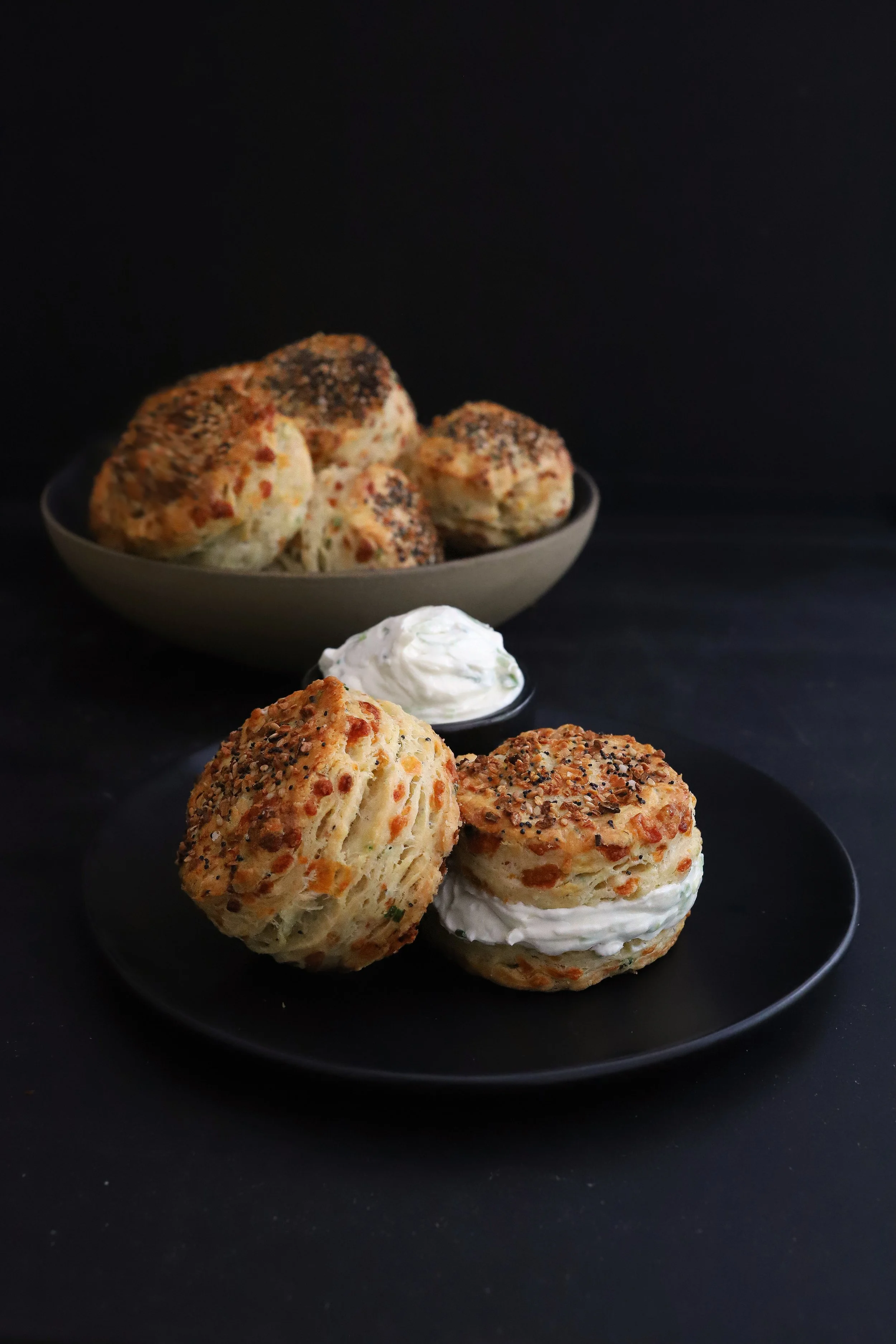 EVERYTHING BAGEL CHEDDAR BISCUITS WITH WHIPPED SCALLION CREAM CHEESE
