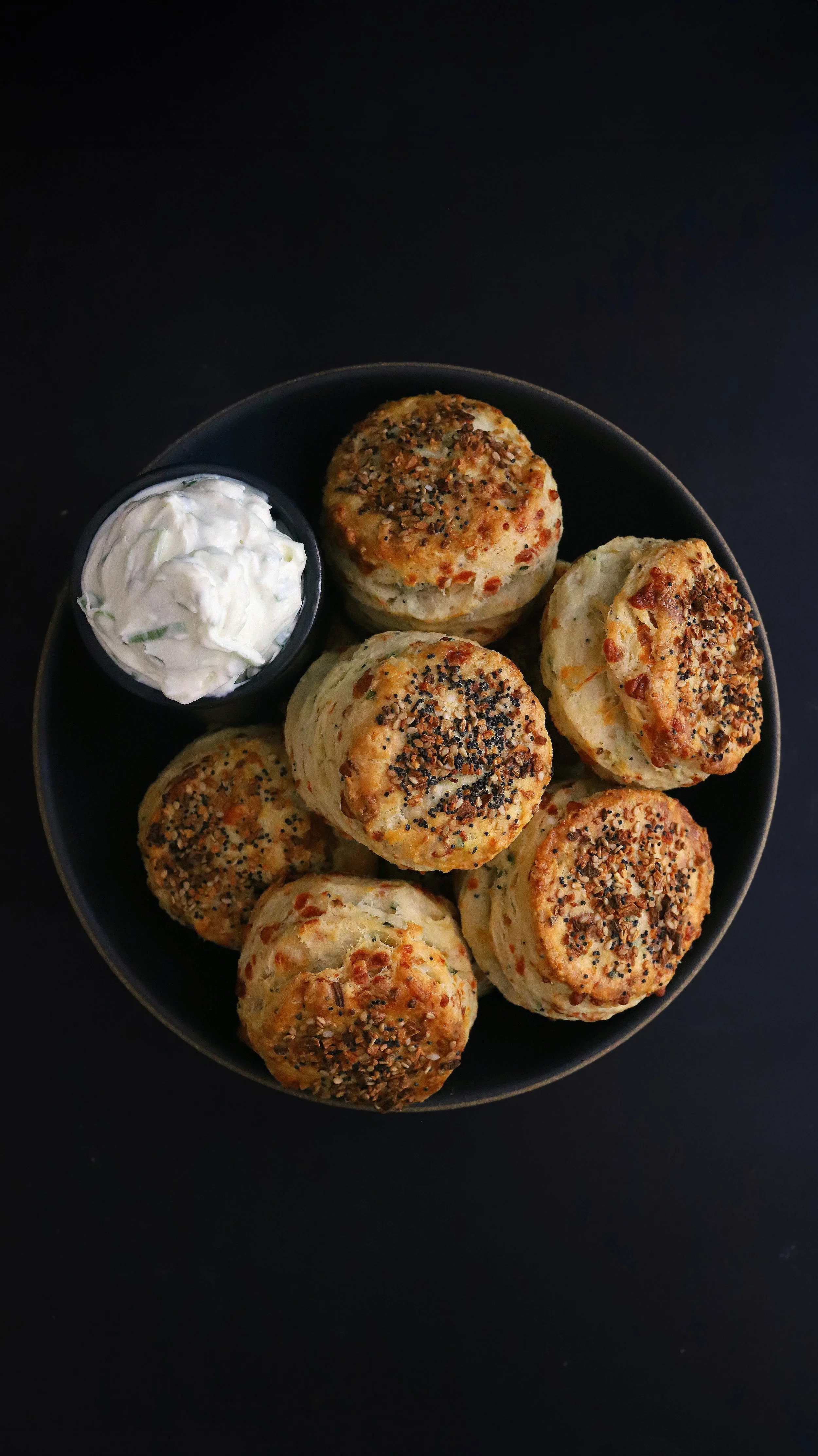 EVERYTHING BAGEL CHEDDAR BISCUITS WITH WHIPPED SCALLION CREAM CHEESE