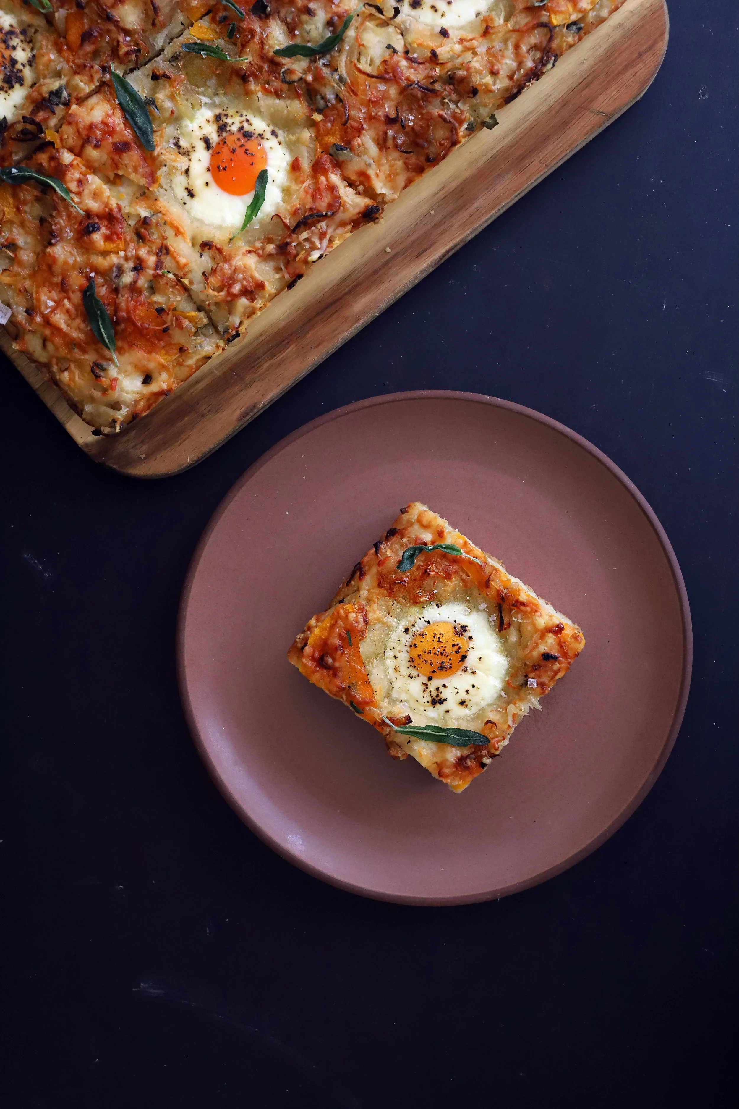 FALL BREAKFAST FOCACCIA WITH BUTTERNUT SQUASH, CARAMELIZED SHALLOTS, GRUYÈRE &amp; BAKED EGGS