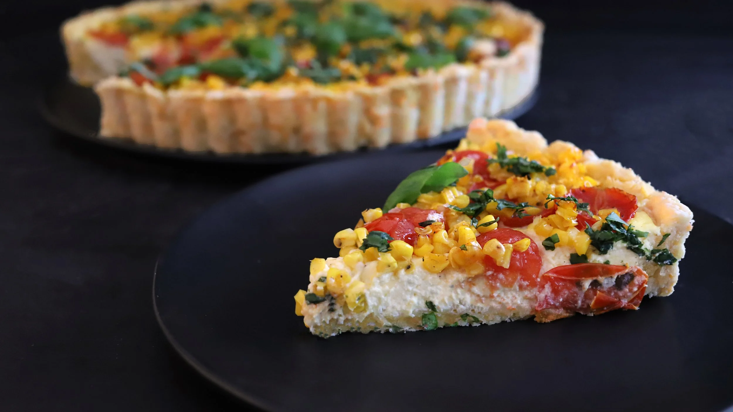 SUMMER ROASTED TOMATO, SWEET CORN &amp; RICOTTA TART WITH AN EASY PARMESAN PRESS-IN CRUST