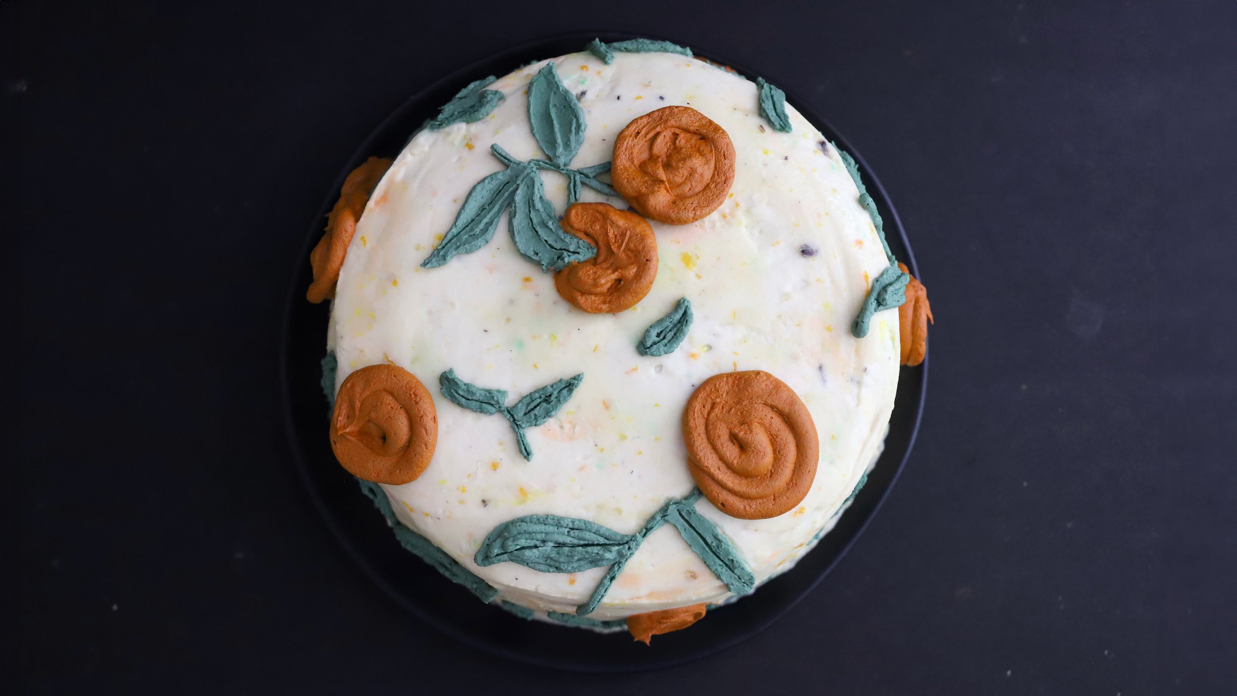 ORANGE BOURBON OLIVE OIL CAKE WITH ORANGE LAVENDER MASCARPONE BUTTERCREAM