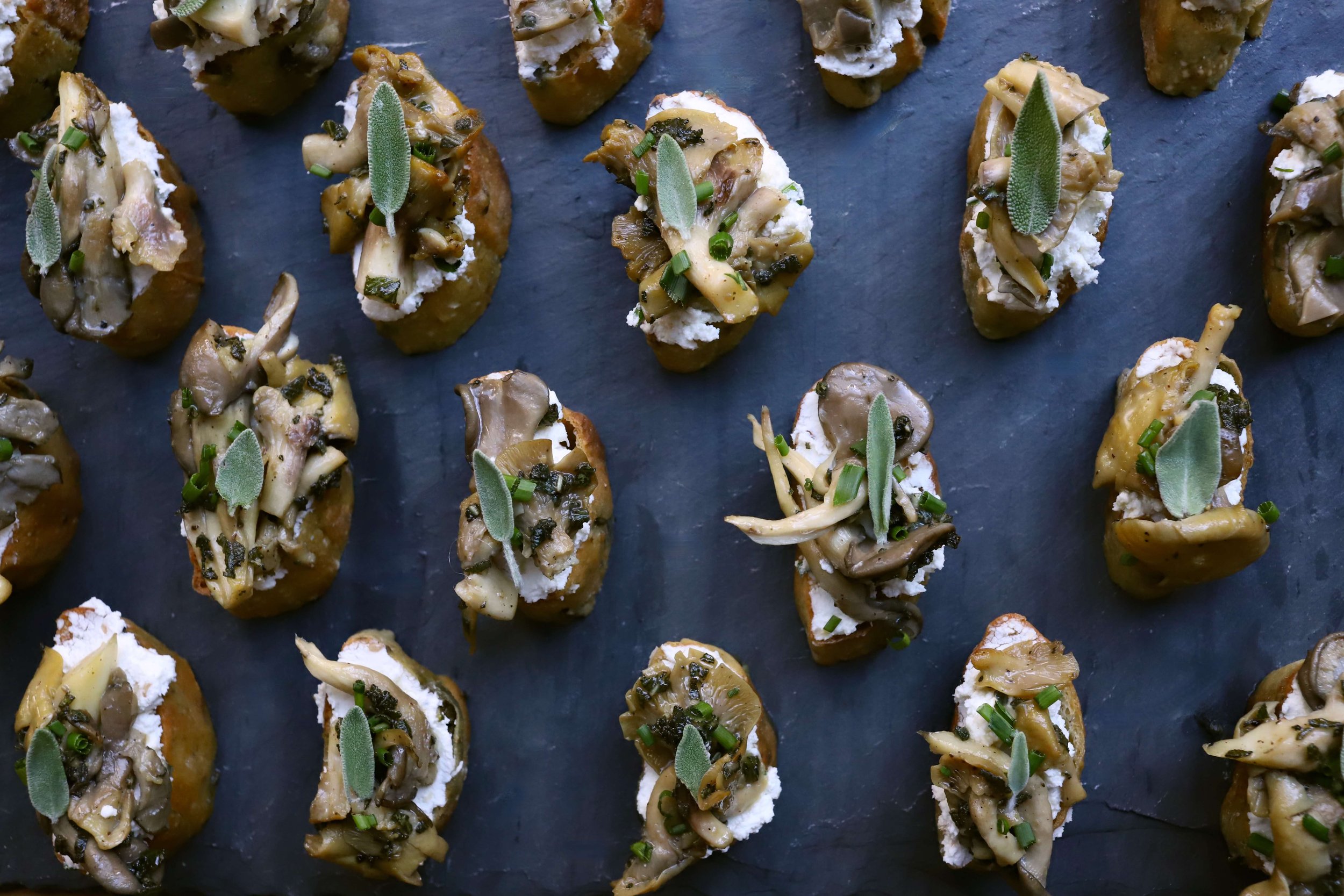 BROWN BUTTER SAGE OYSTER MUSHROOM AND GOAT CHEESE CROSTINI