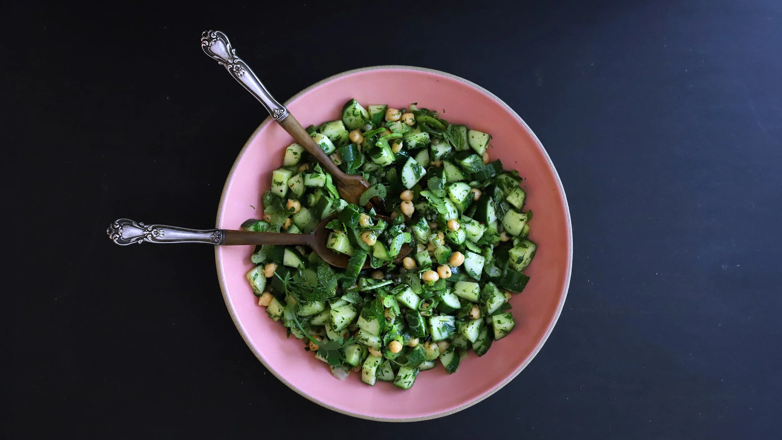 CUCUMBER, CHICKPEA & HERB SALAD WITH LEMON & CAPERS