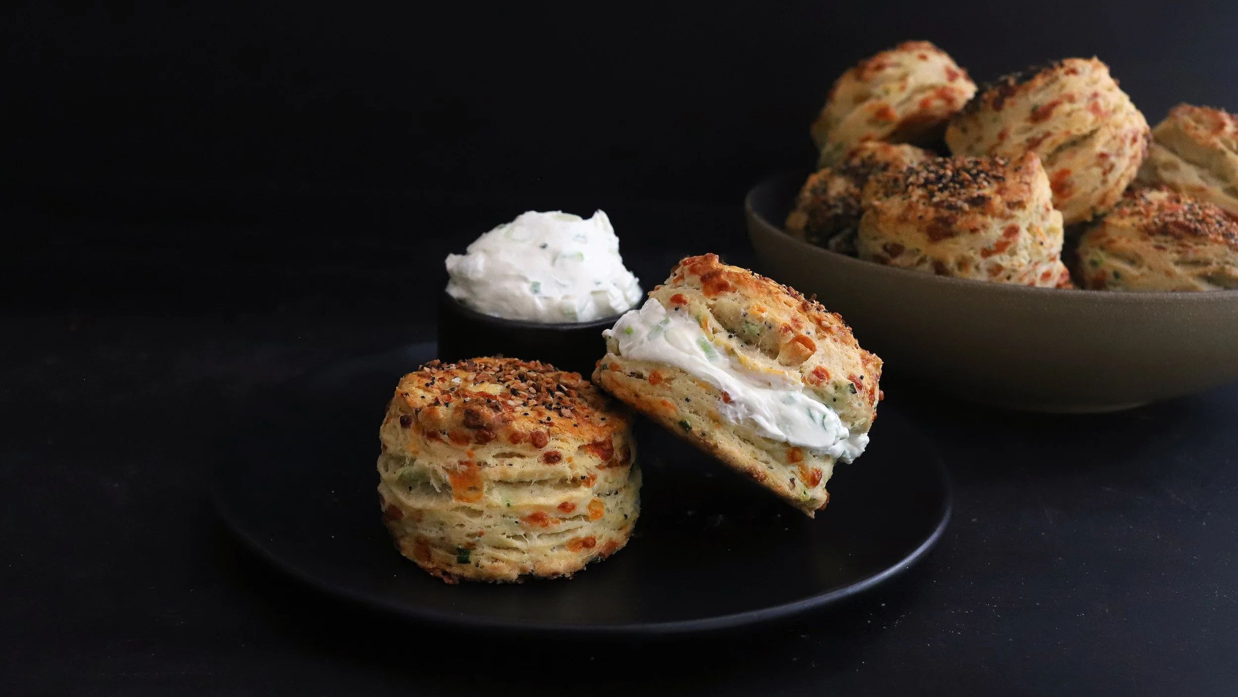 EVERYTHING BAGEL CHEDDAR BISCUITS WITH WHIPPED SCALLION CREAM CHEESE