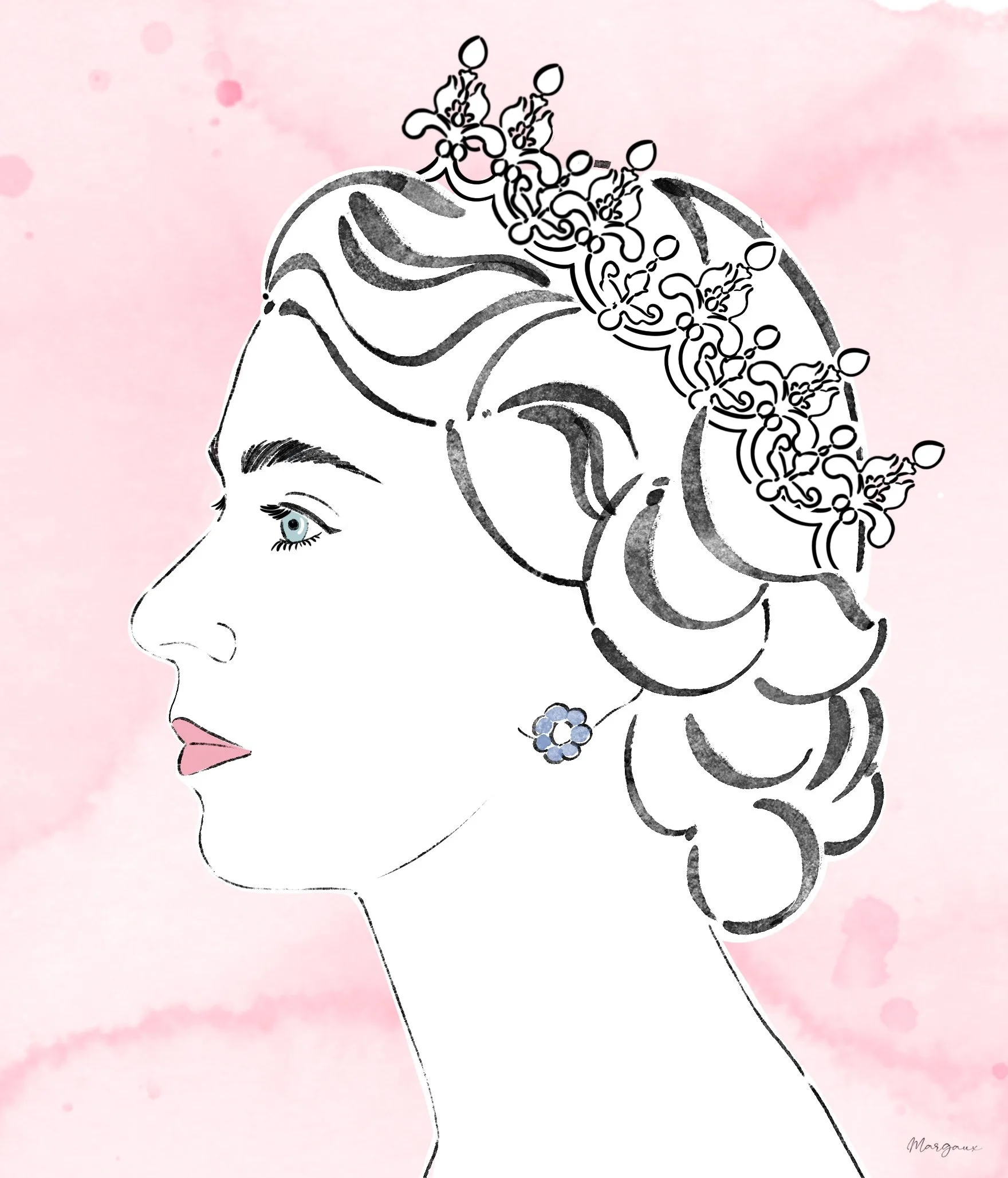 A drawing of young Queen Elizabeth II with a floral crown, facing left against a soft pink watercolor background.