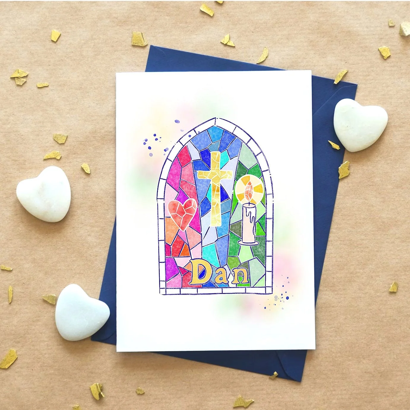 Illustration of a stained-glass window featuring a heart, a candle and a cross for a baptism.
