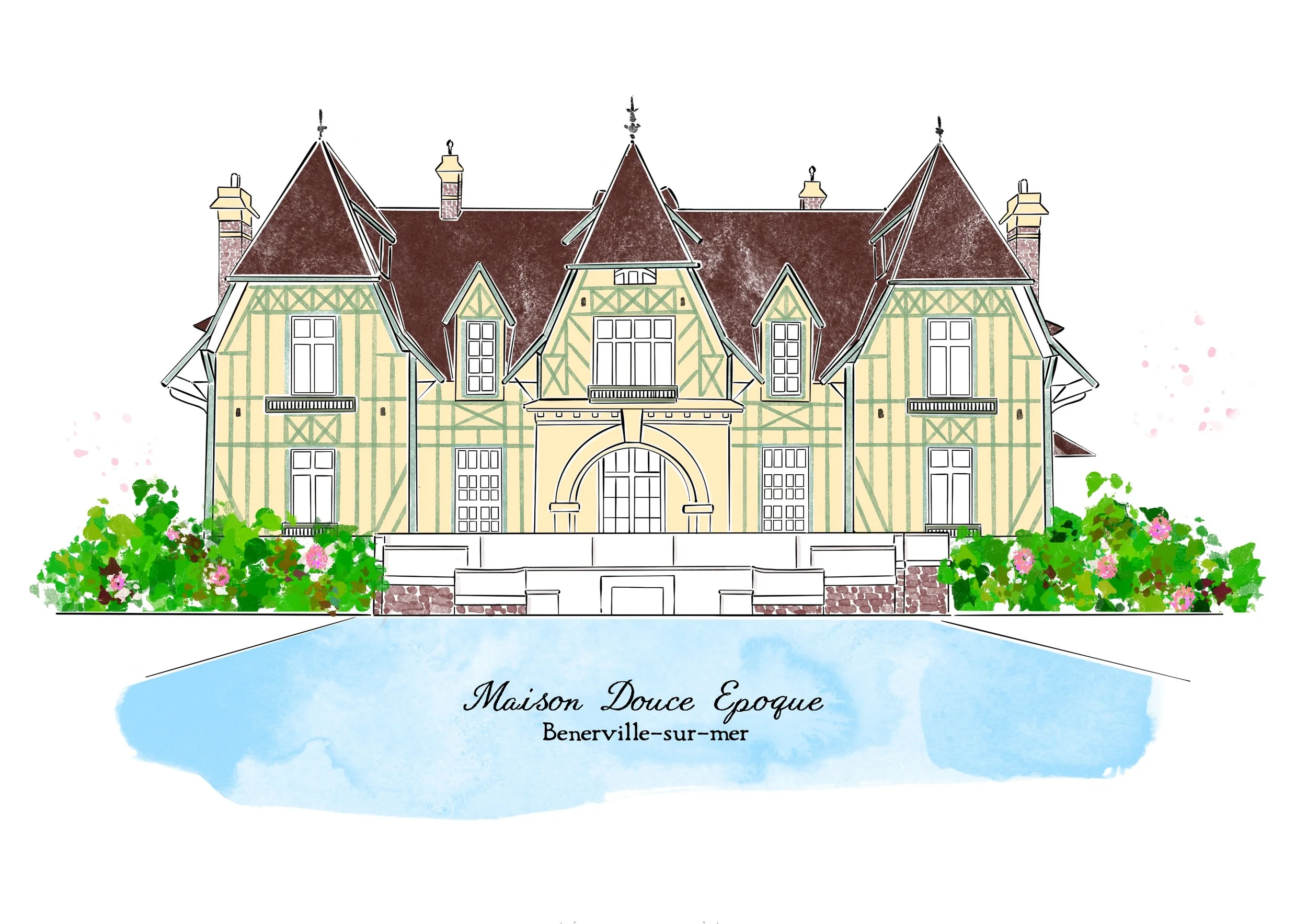 Illustration of the seaside Maison Douce Époque Hotel in Benerville sur Mer, close to Deauville. 