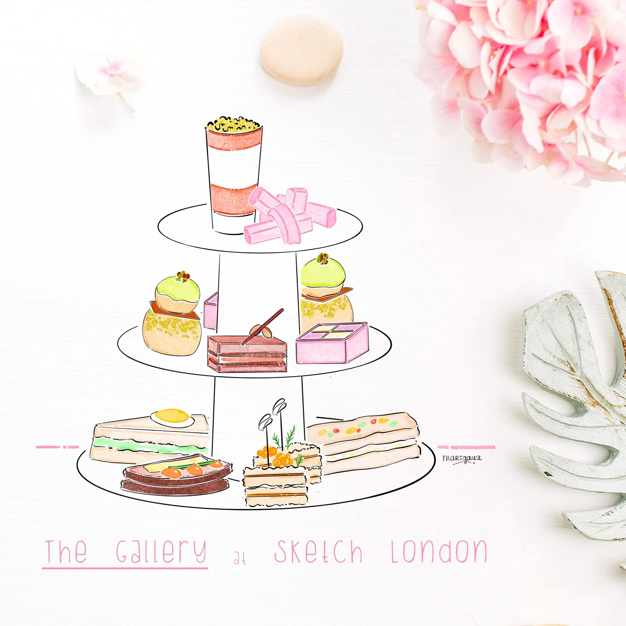 Illustrated tiered food display with various desserts, a cake slice, and greens, with pink hydrangea flowers in the background.