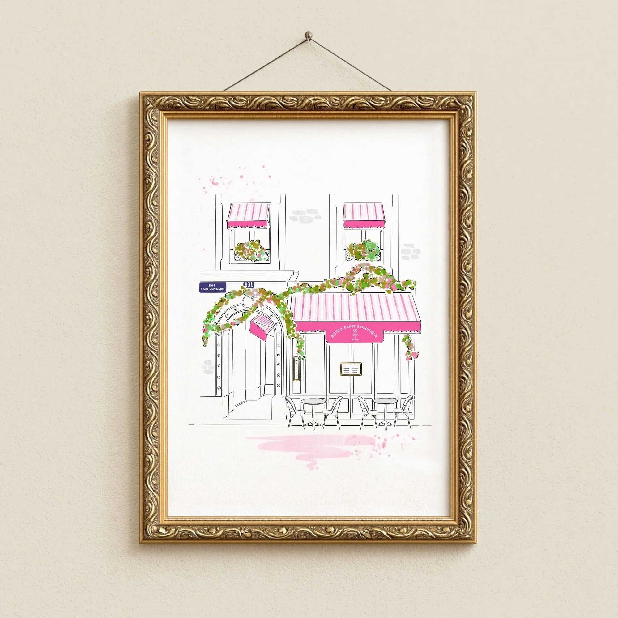 Line drawing of a bistro with striped awnings, a pink sign reading 'Bistro Saint Dominique Paris,' green plants, and a small outdoor table and chairs.