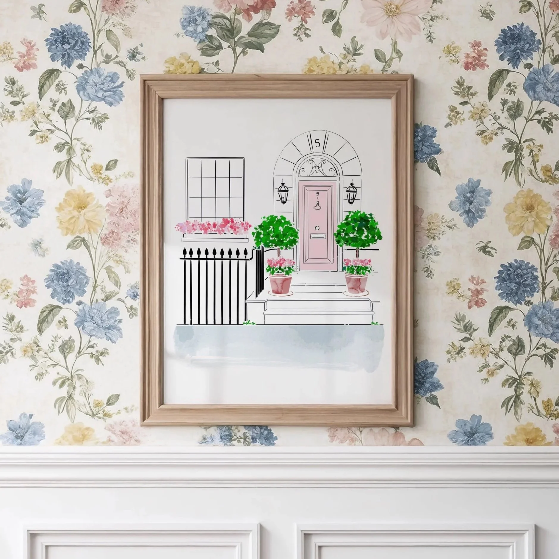 A London wall art illustration inspired by the charming streets of Notting Hill. Featuring a blush pink doorway, elegant architectural details, lush greenery, and soft mixed media textures,