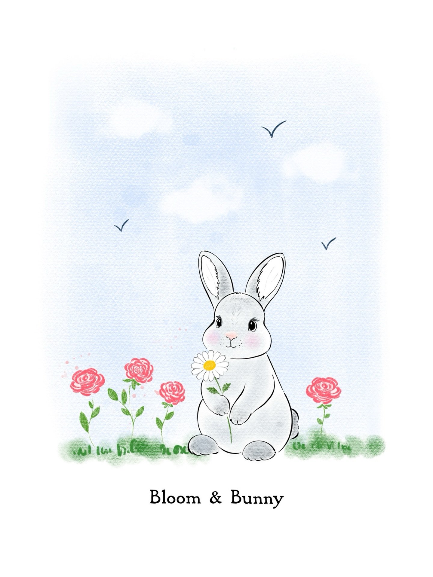 A little bunny, a single daisy, and a few garden blooms. #cottagecoreillustration #bunnyillustration #rabbitillustration #coloredpencilflowers #paintingroses