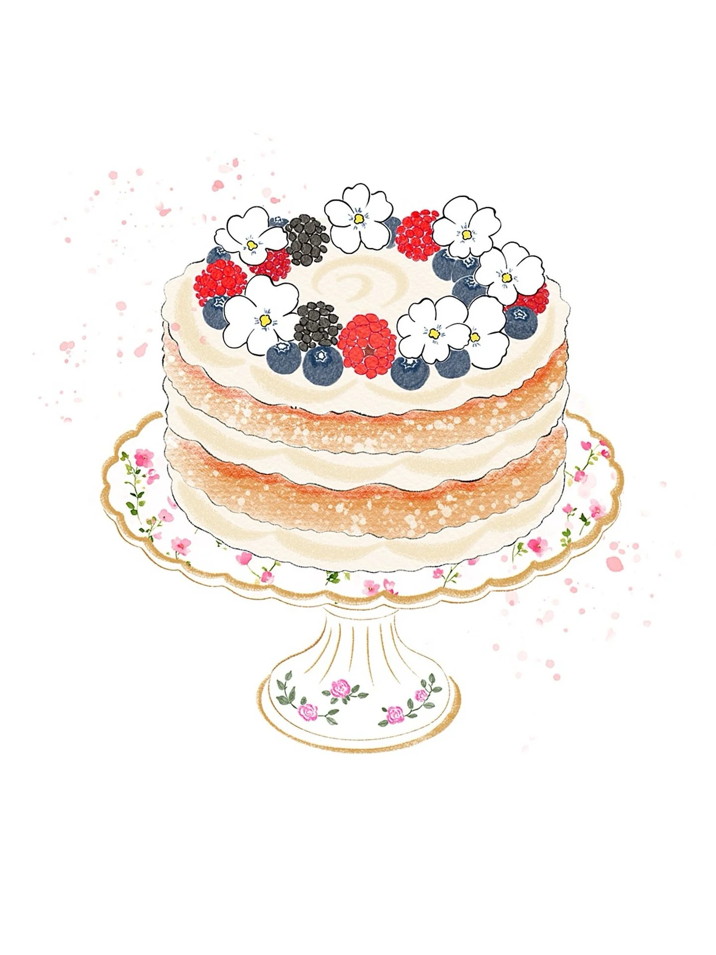 Layer cake, wild berries, and floral touches #pastryillustration #layercake #cakeillustration #foodpainting #theydrawandcook