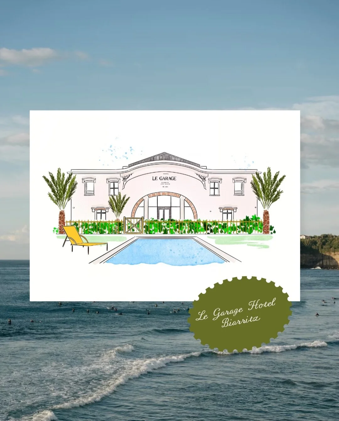Summer souvenirs, drawing Le Garage hotel in Biarritz. #hotellegaragebiarritz #biarritz #hotelillustration #venueillustration #destinationbiarritz