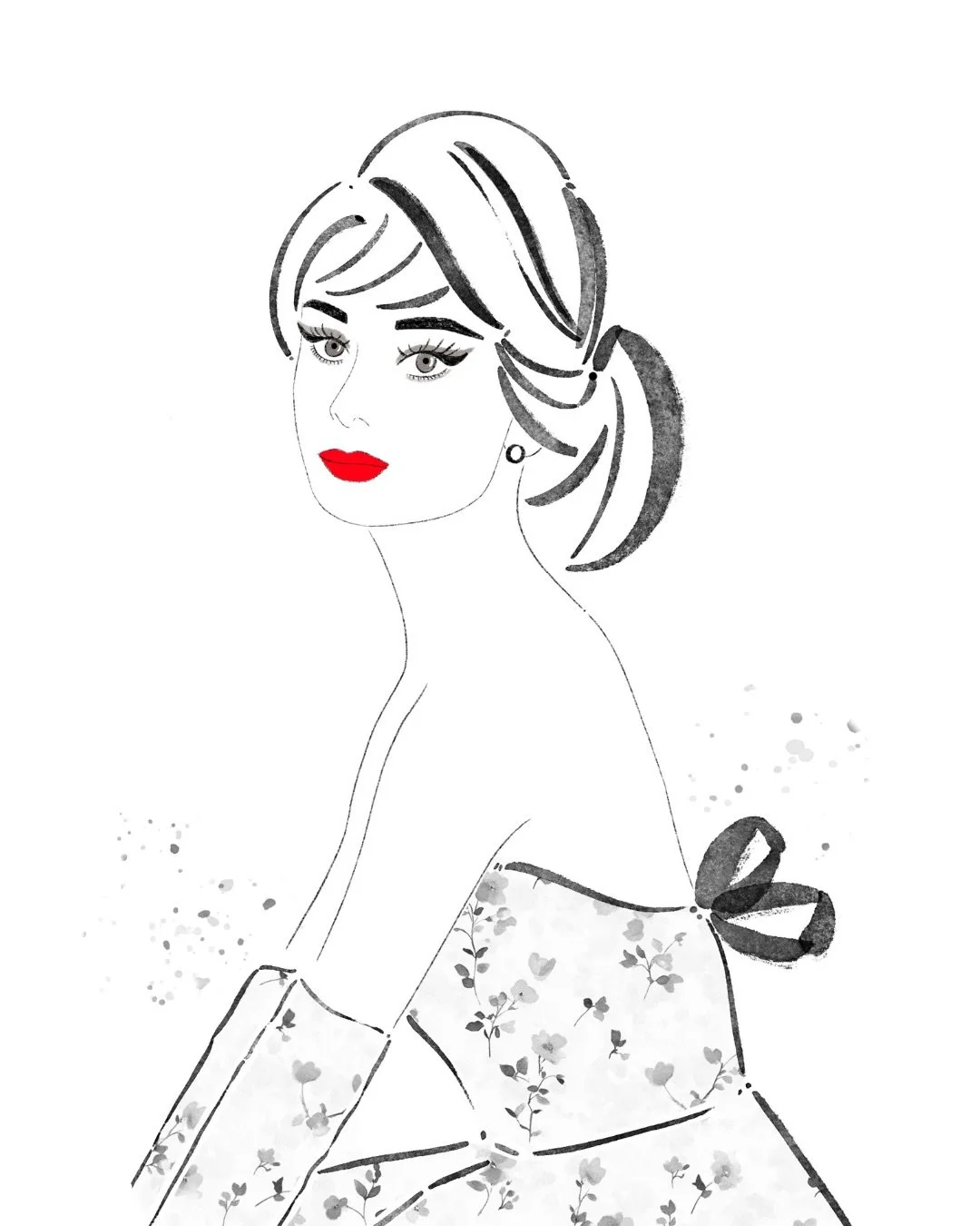 Audrey Hepburn, in ink, soft florals and a touch of red🌹#AudreyHepburn #FashionIllustration #WatercolorIllustration #PortraitIllustration #audreyhepburnstyle