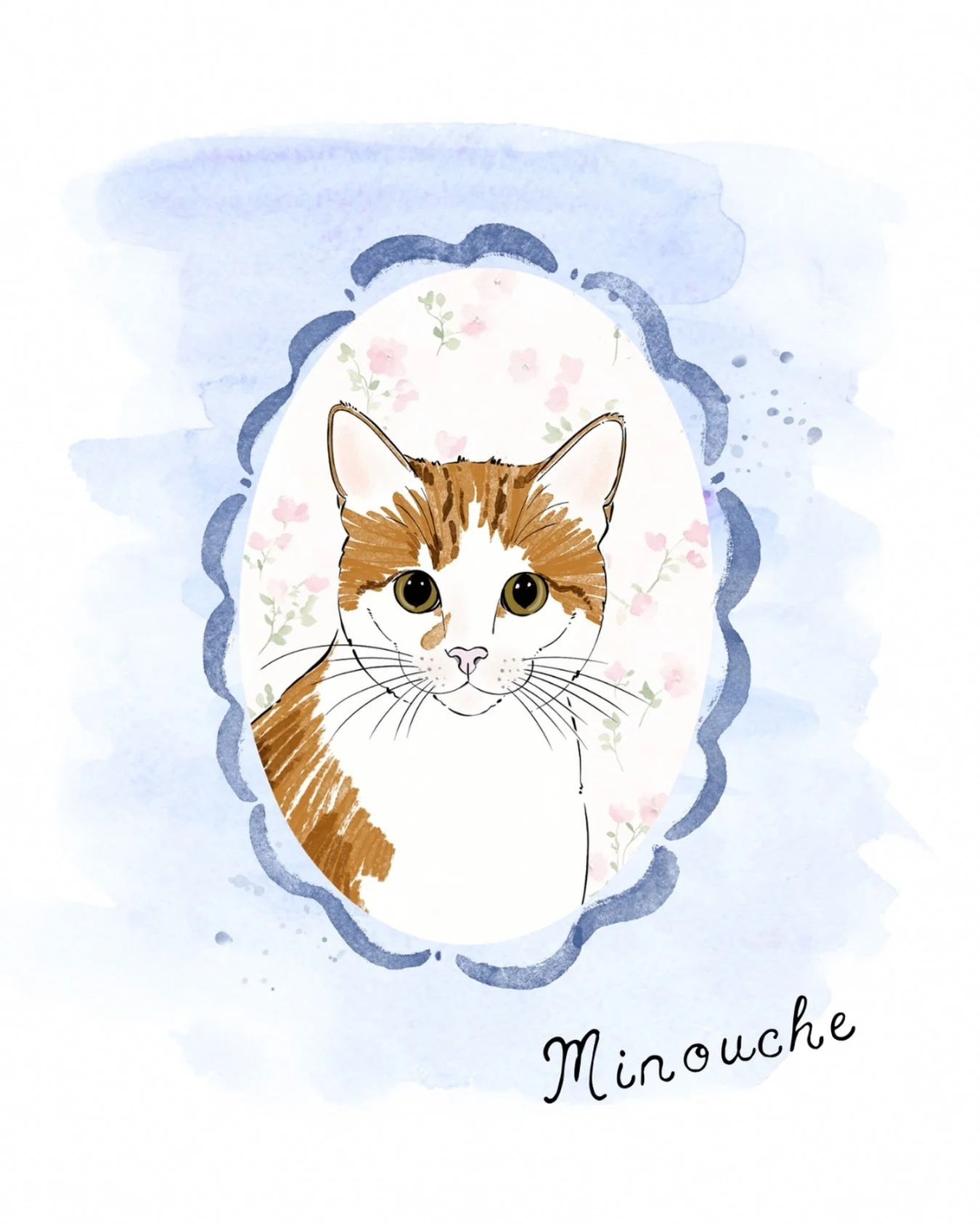 Minouche, framed in blue and tiny florals. 🐈 #CatIllustration #PetPortrait #CustomPetPortrait #DessinChat #CatPainting