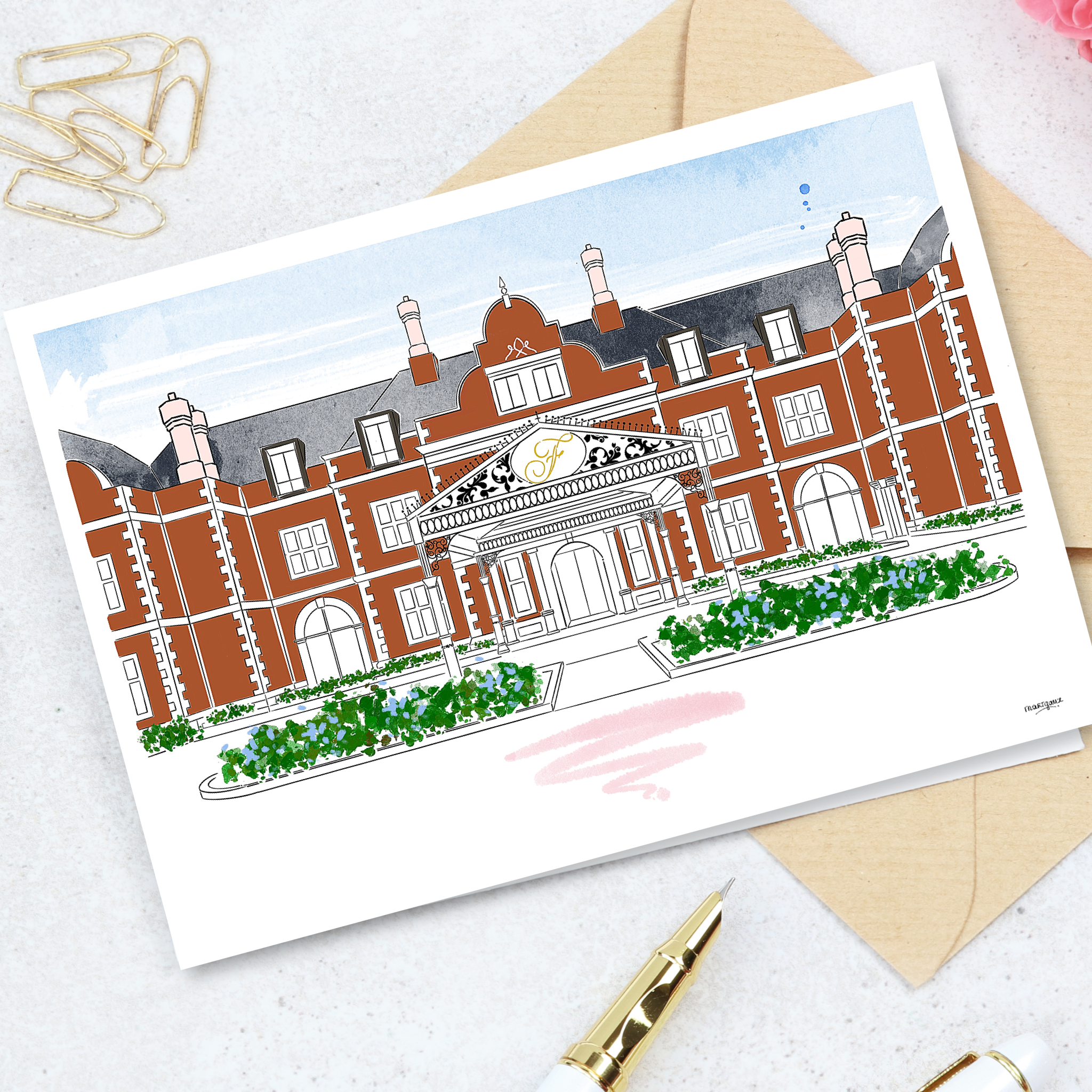 Illustration of a historic building with a decorative entrance, multiple windows, and a courtyard with green plants, set against a blue sky.