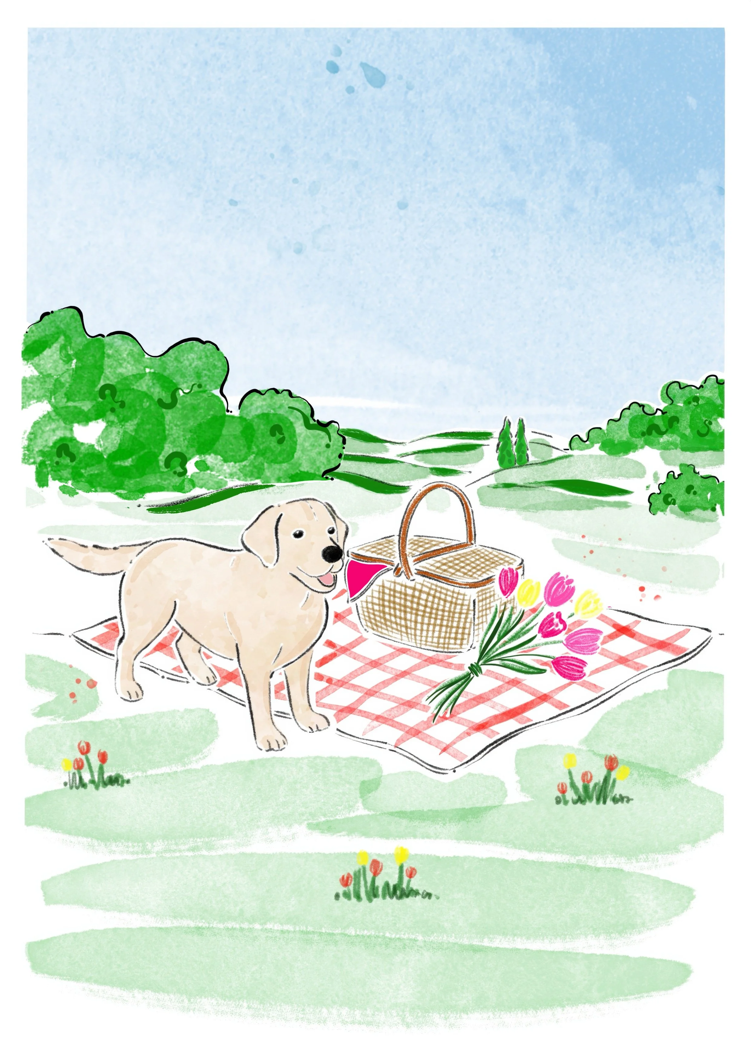 A cheerful illustration inspired by spring picnics, blooming tulips and adventures with a beloved dog. A celebration of simple outdoor moments and everyday joy.