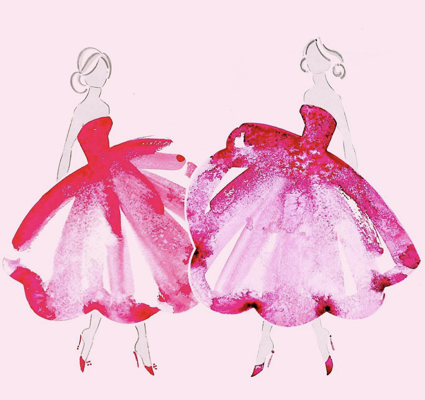 Stylized illustration of two women in pink ball gown dresses with floral patterns, holding hands, wearing high heels, with the background in light pink.