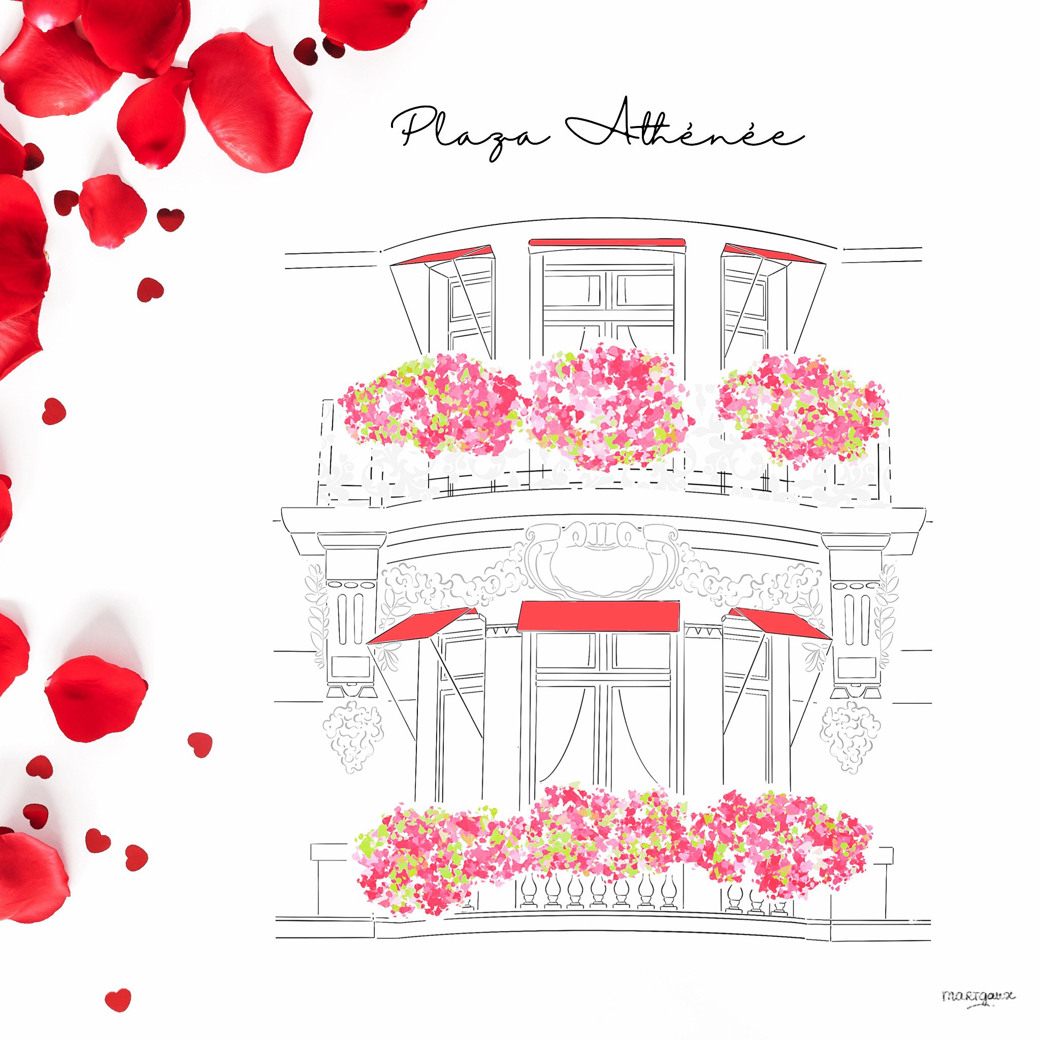 A drawing of The Plaza Athénée hotel facade in Avenue Montaigne, Paris, with floral arrangements on the balcony and around the structure. 