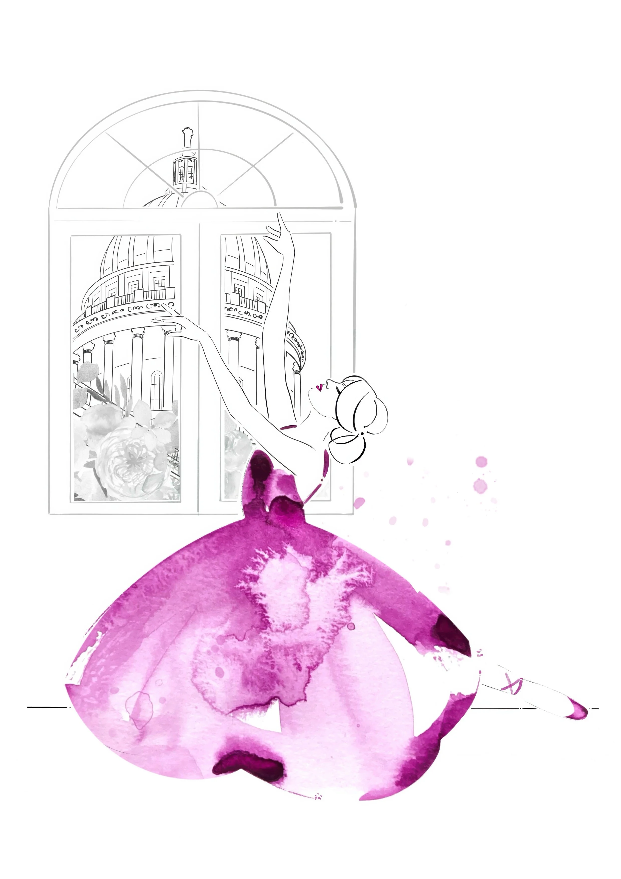 A fashion illustration inspired by the grace of ballet and the timeless elegance of London. Featuring a delicate ballerina in a purple watercolor dress with St Paul’s Cathedral softly sketched in the background,