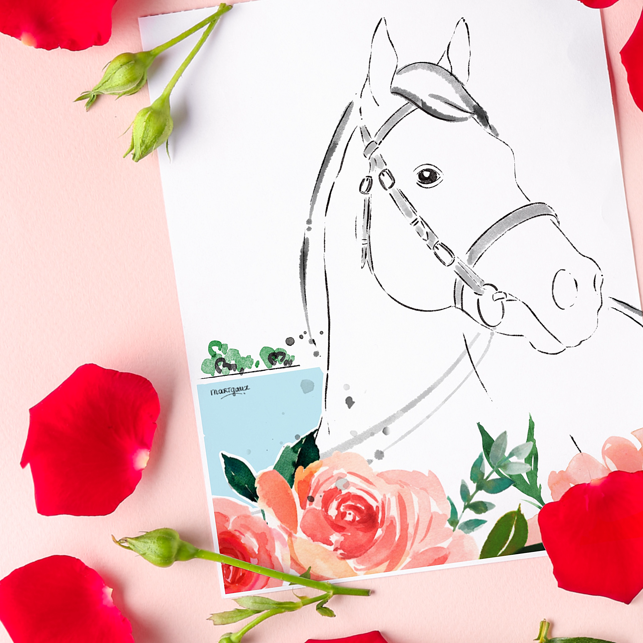 A horse illustration with flowers on a pink background, surrounded by red flower petals.