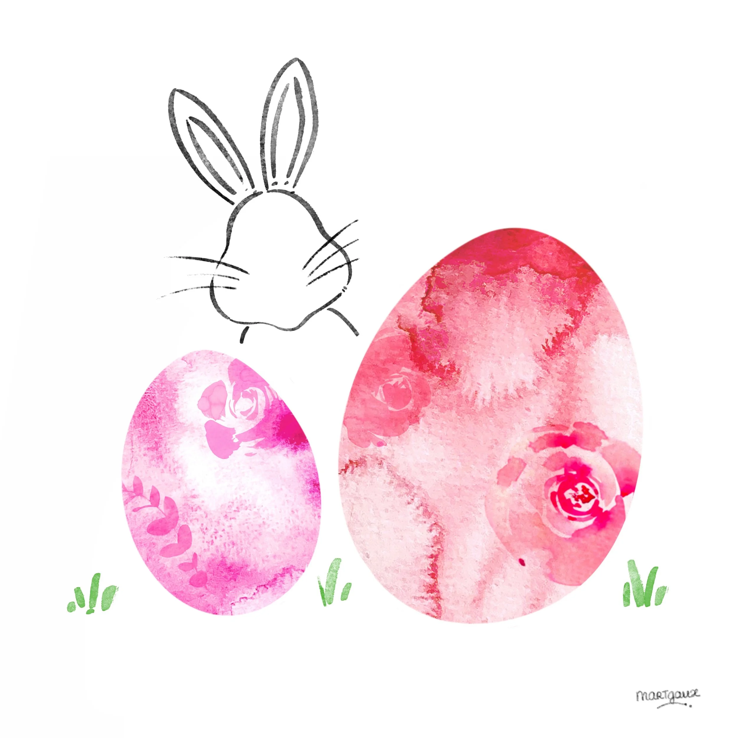 Drawing of two pink Easter eggs with watercolor texture, green grass at the bottom, and a simple sketch of a bunny head with long ears on the left side. 