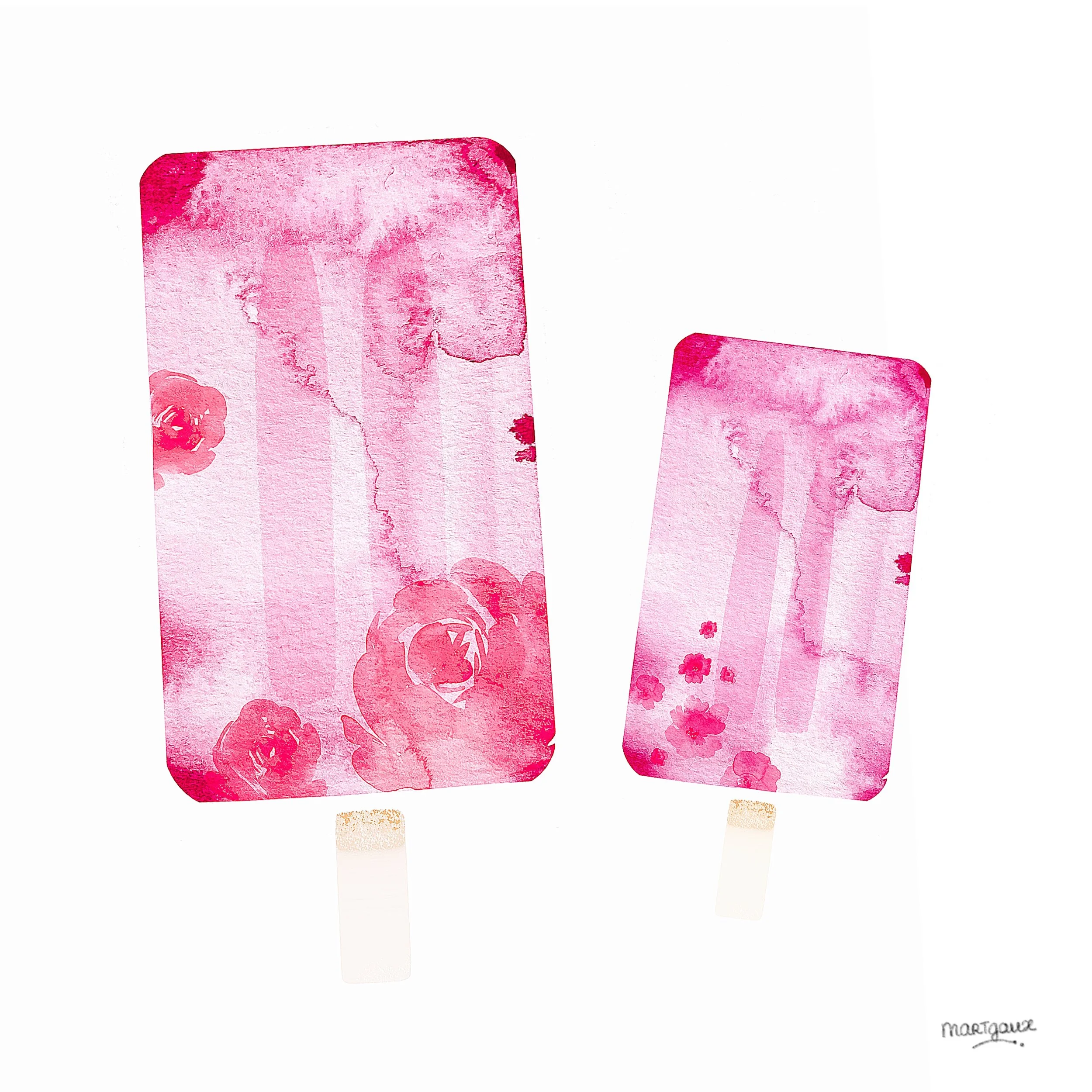 Watercolor painting of two pink popsicles with ice and flower patterns, signed 'margaux' in the lower right corner.