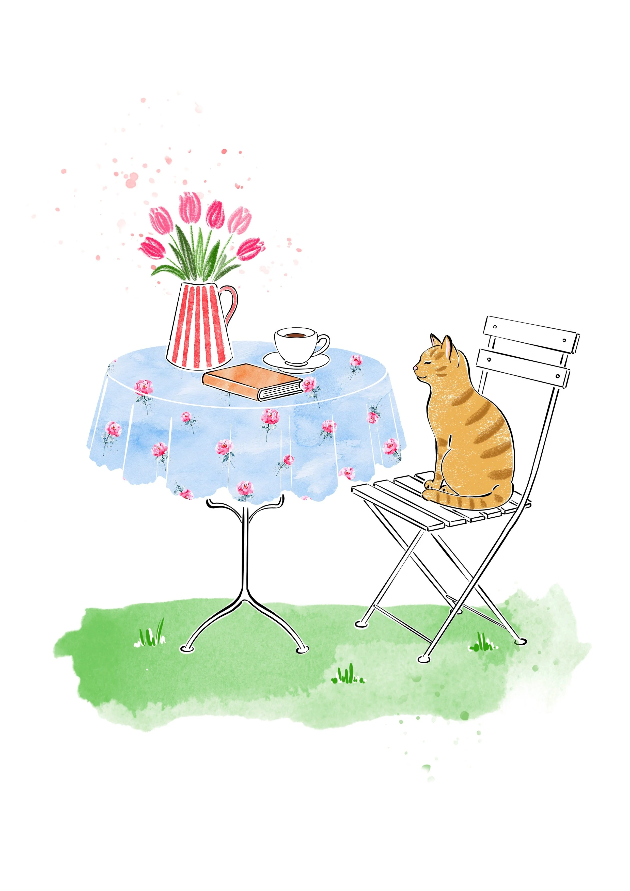 A cosy cat garden illustration. 
A peaceful orange cat enjoying tea time in a soft watercolor garden filled with tulips and English countryside vibes.