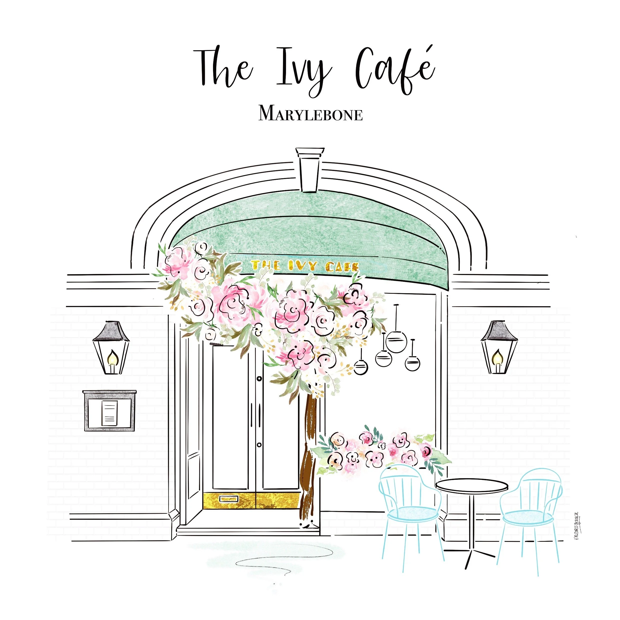 A colorful, hand-drawn illustration of a cozy cafe named 'The Ivy Cafe' with floral decorations, lanterns, and outdoor seating, on a white background.