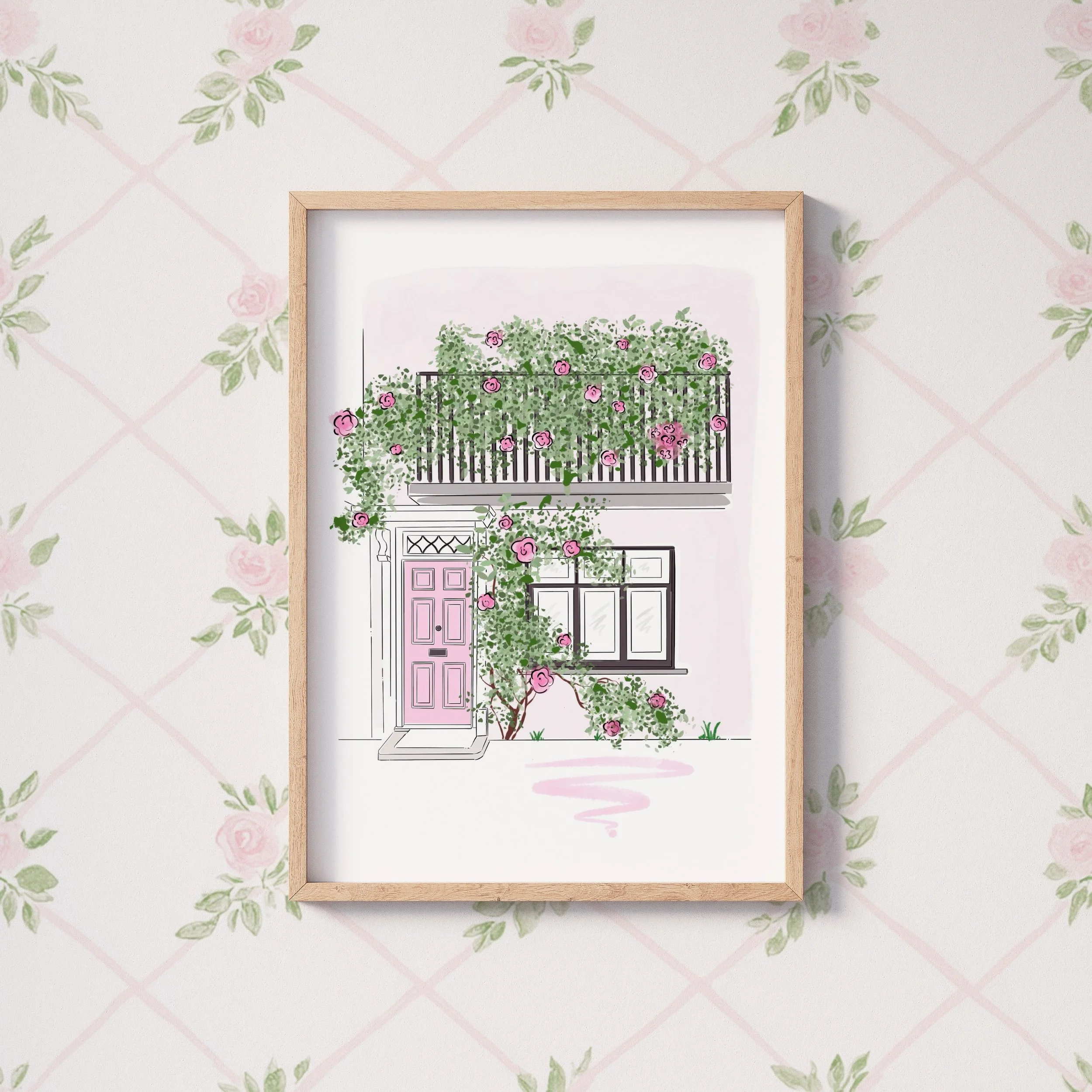 A Belgravia pink house illustration in London, UK