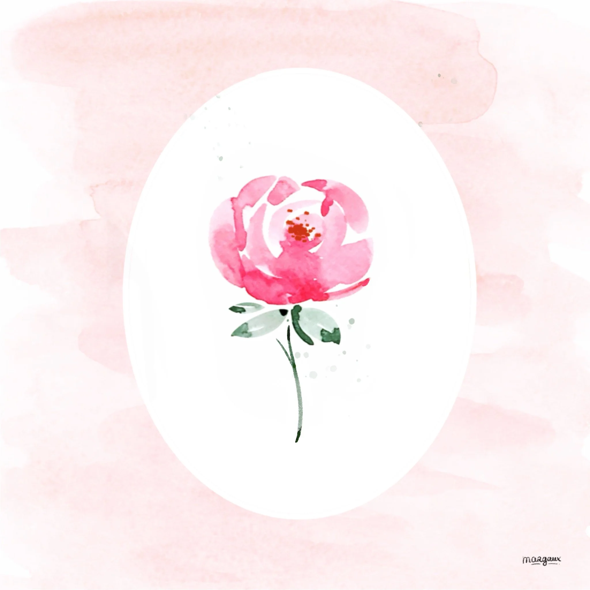 A watercolor illustration of a pink rose with green leaves on a pale pink background. 