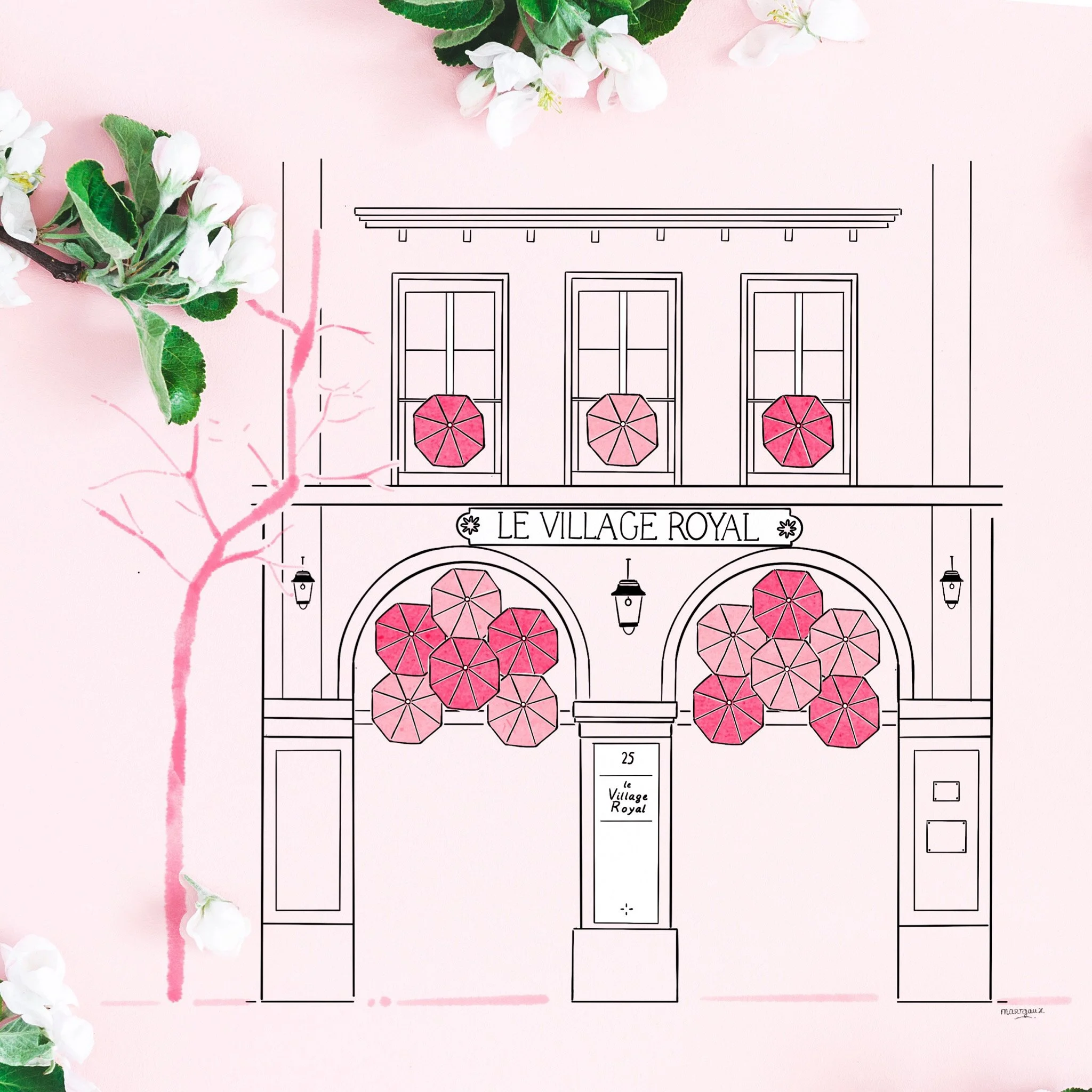Illustration of a building facade with pink umbrellas and greenery, labeled 'Le Village Royal'.