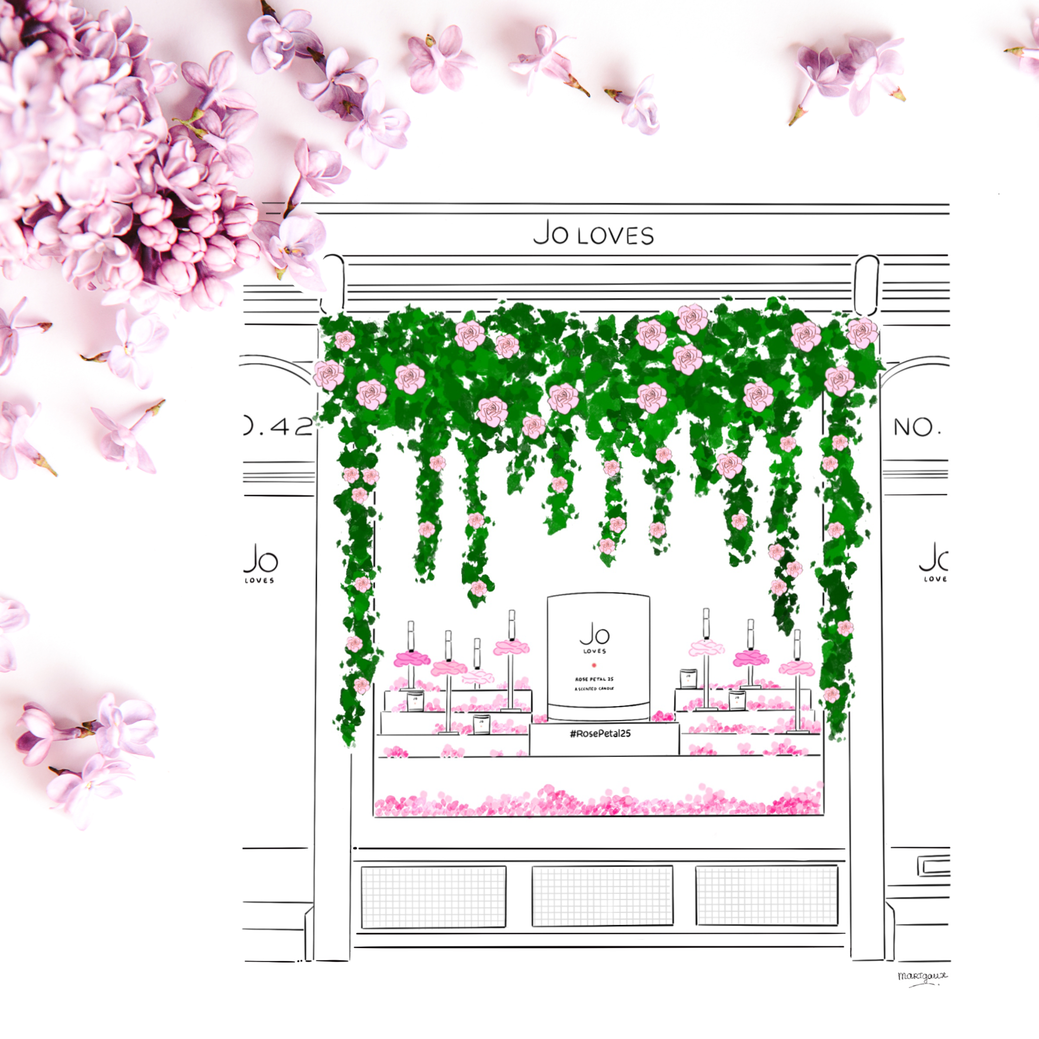 Design sketch of a Jo Malone boutique facade with a floral-themed display, featuring pink roses and hanging pink flowers. 