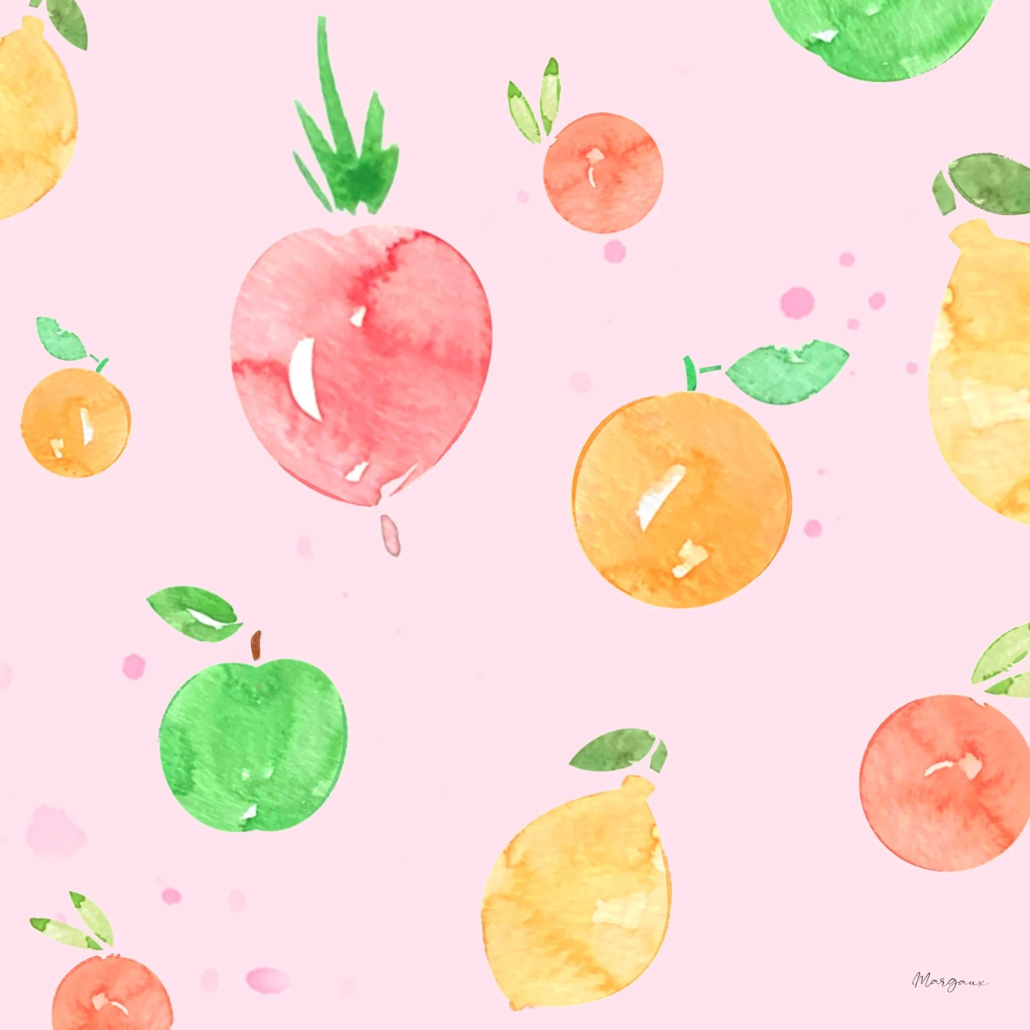 Watercolor illustrations of oranges, apples and limes scattered on a pink background with some small pink dots. A fruity pattern