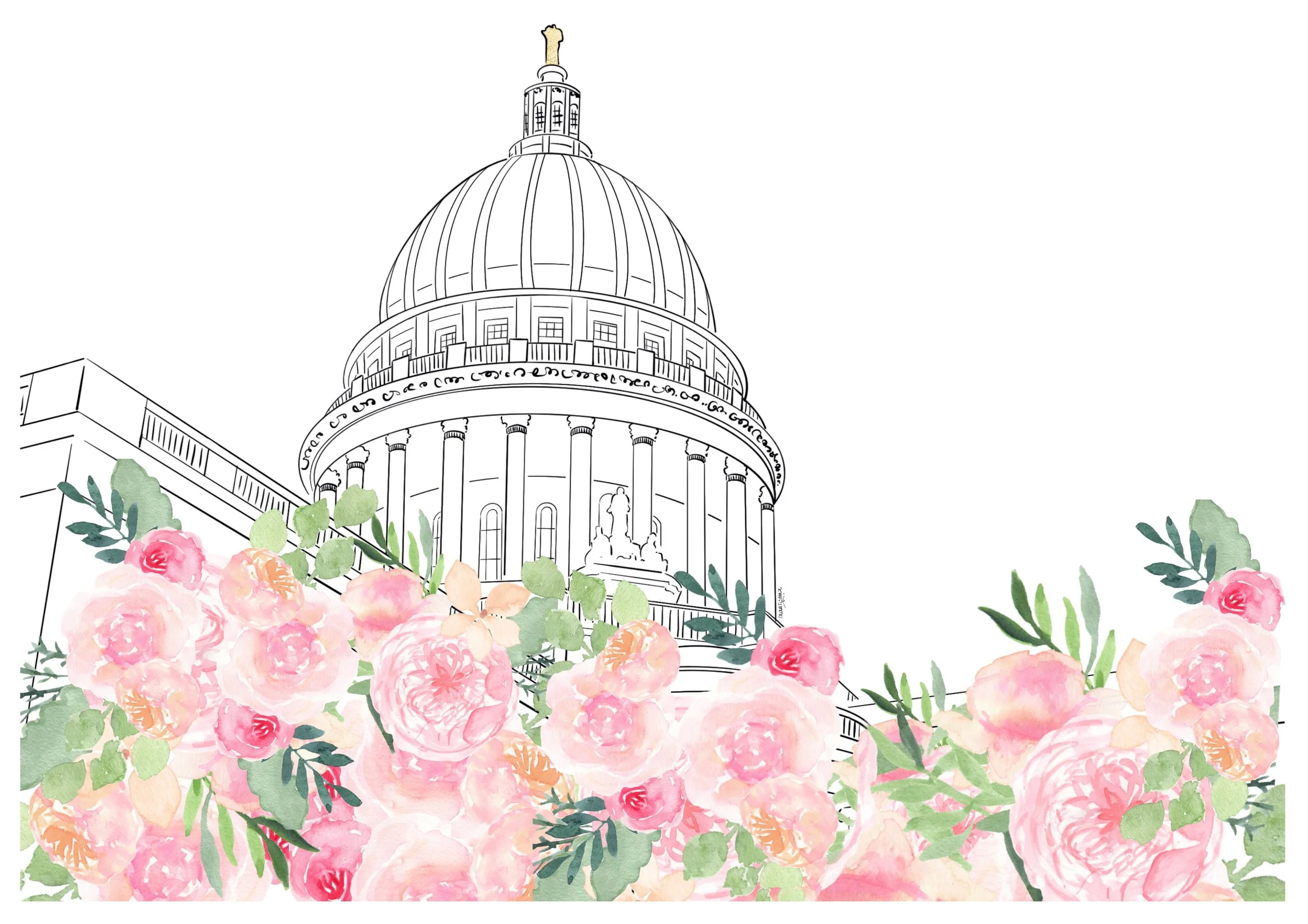 A line drawing of the St Pauls Cathedral building in London with pink and green watercolor flowers in the foreground.