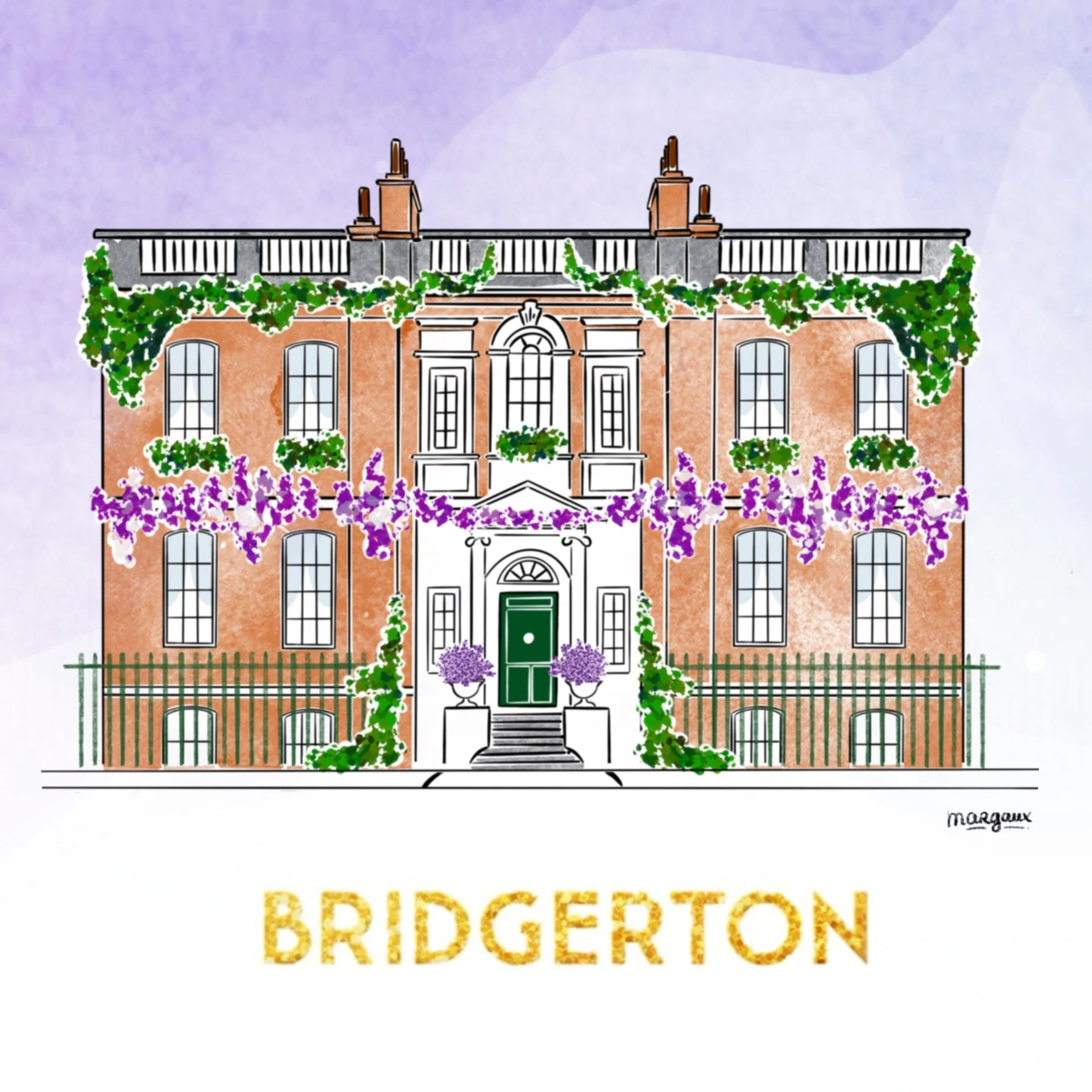 Illustration of the Bridgerton house with brick walls, multiple tall windows, a central door, flowers, and greenery. 