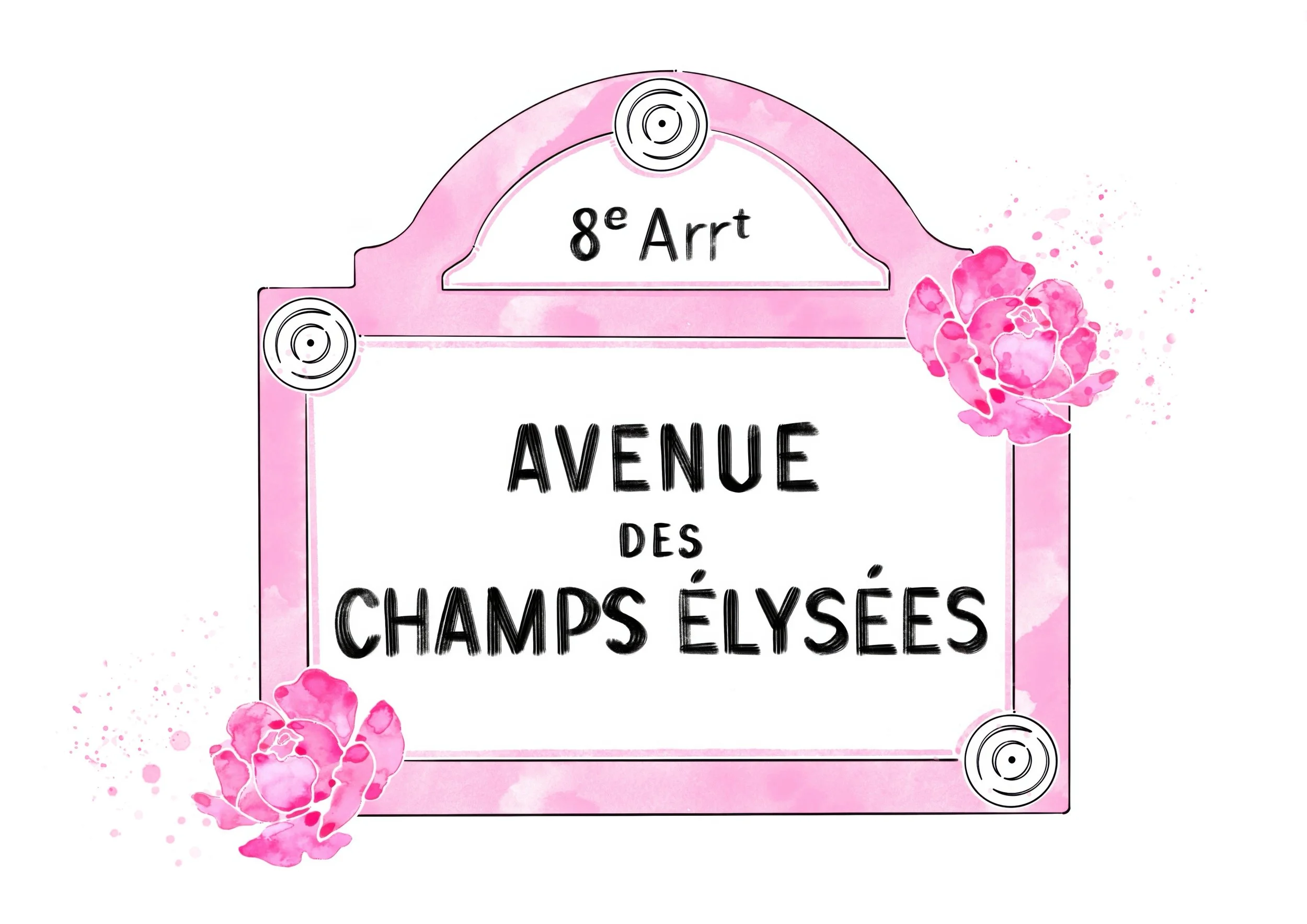 A Paris wall art illustration featuring the iconic Avenue des Champs Élysées street sign, surrounded by pink peonies and soft mixed-media textures.