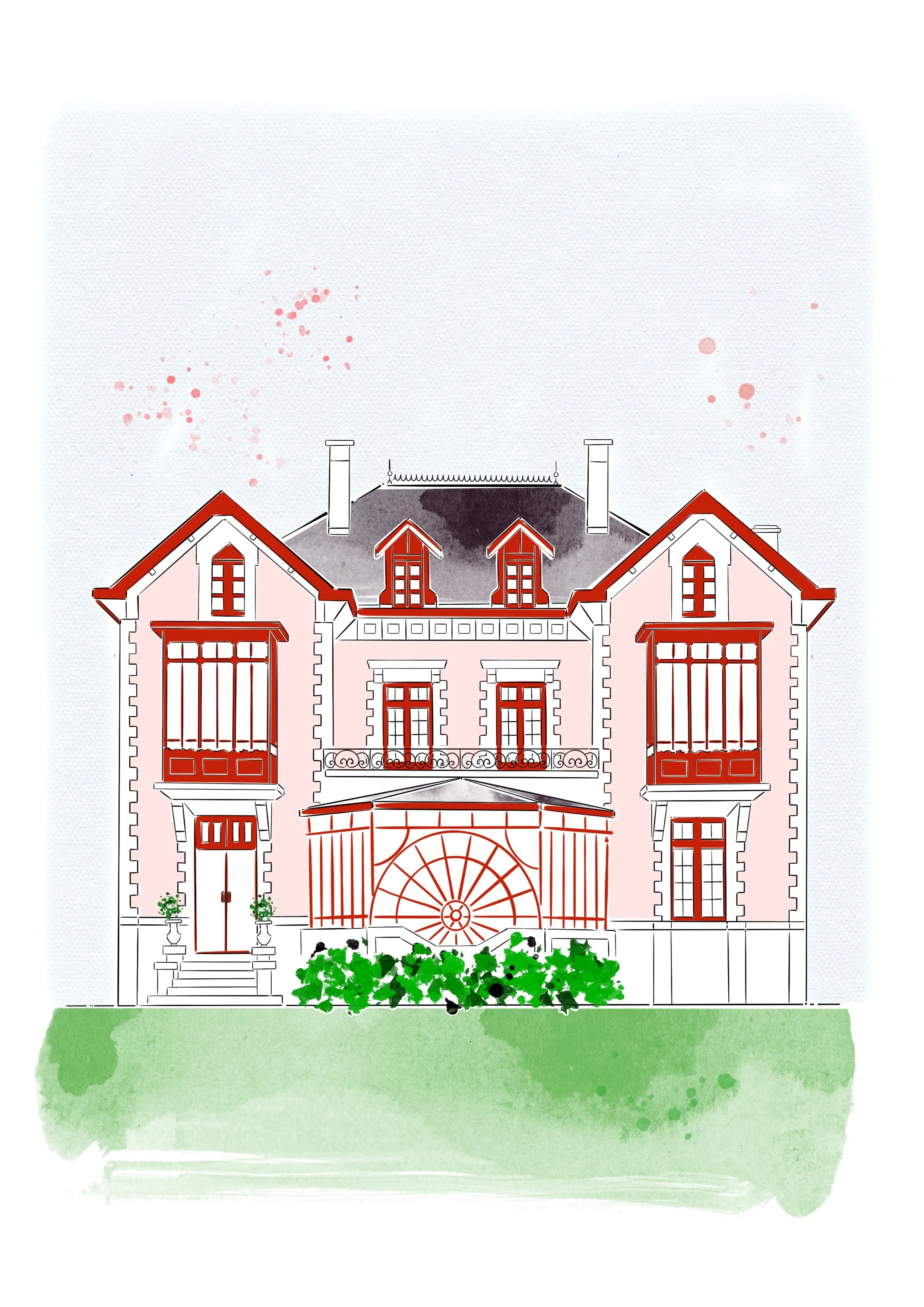 A London Belgravia  illustration featuring a pink townhouse façade and front door framed by climbing roses in bloom. 