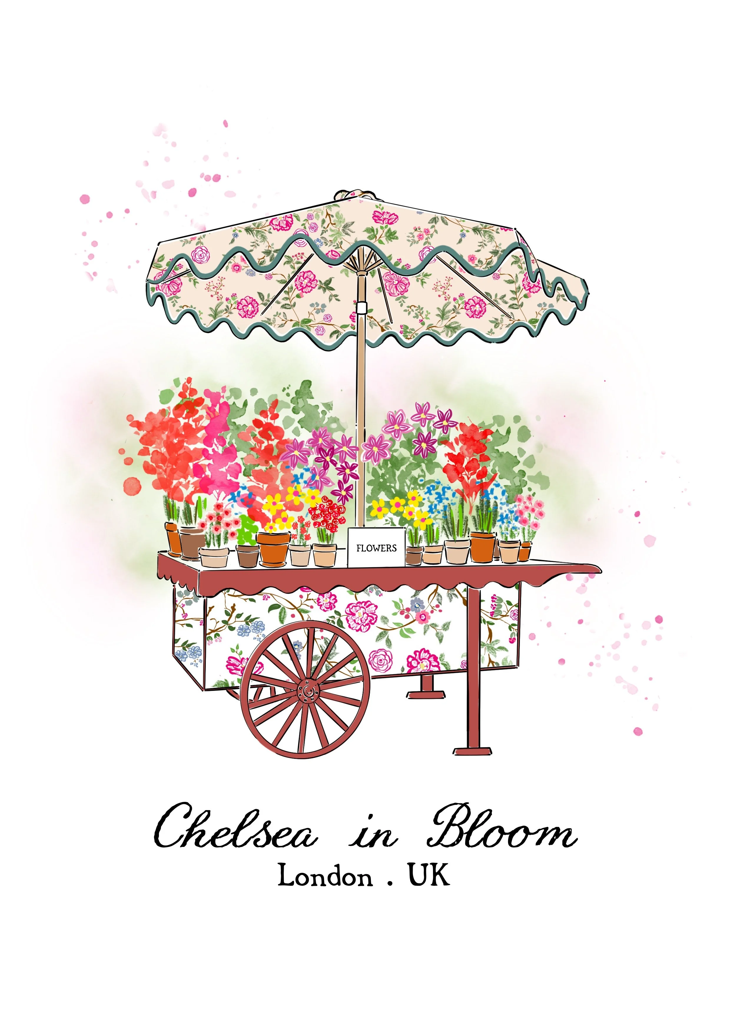 Inspired by Chelsea in Bloom, London's annual floral festival, this illustration features a flower-filled cart bursting with botanical details.