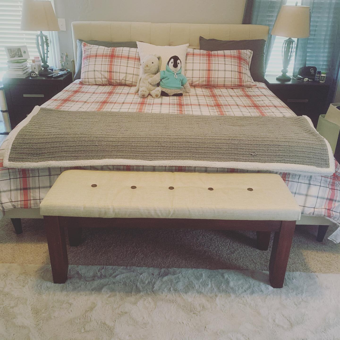 Experimented with reupholstery for the first time and Cinderella&rsquo;d this bench! It&rsquo;s not perfect, but I learned a lot and it&rsquo;s now one of my favorite spaces to work at! #AlwaysAlyssaLou #Refurbished #RefurBENCH