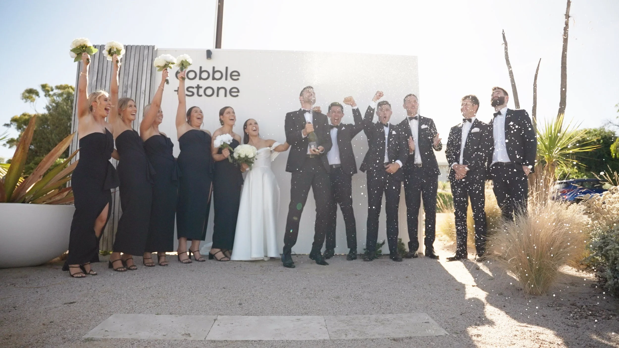 Wedding celebration with bride and groom holding a trophy, surrounded by bridesmaids and groomsmen, throwing confetti outdoors.
