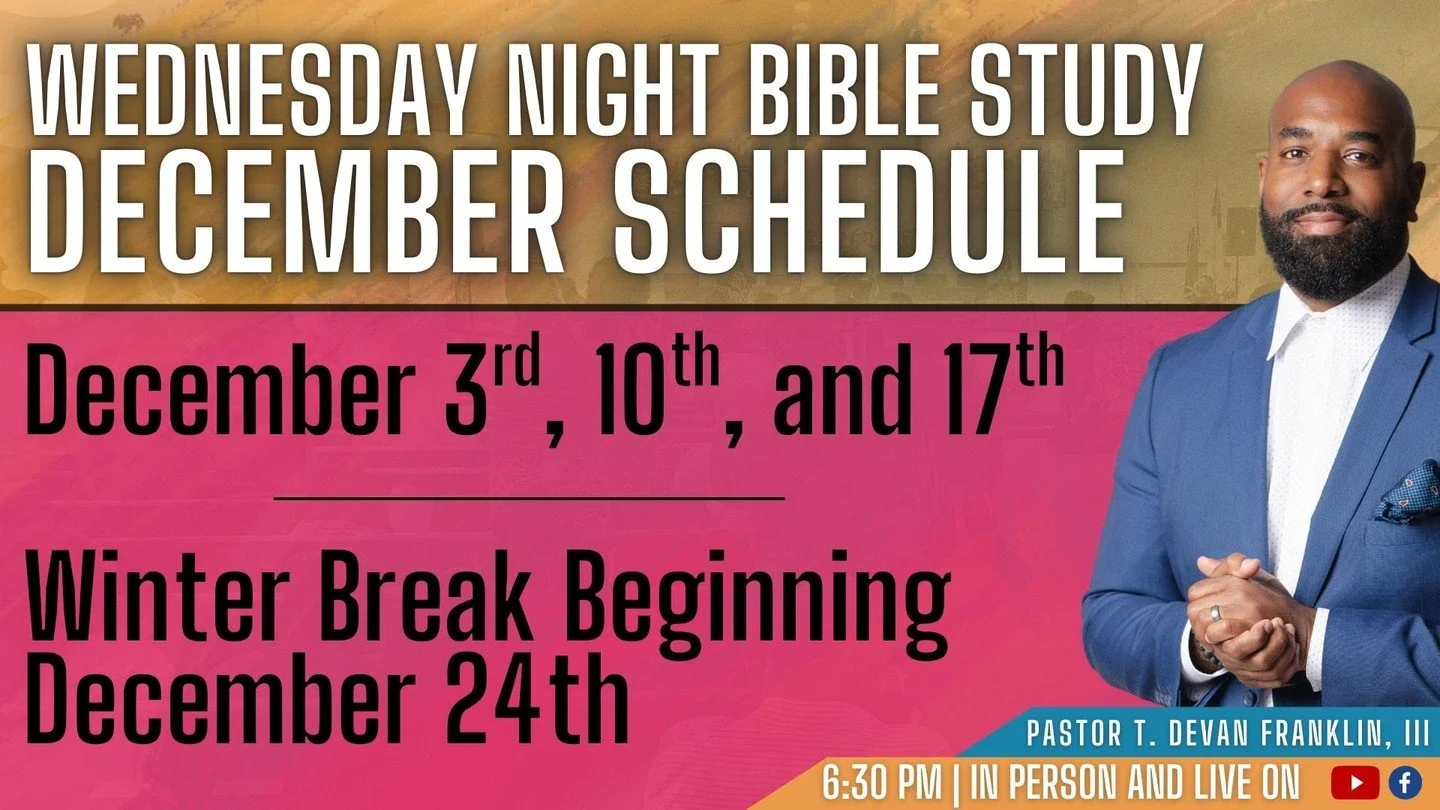 Bible Study is on tomorrow night! Come get what you need in God&rsquo;s Word &mdash; 6:30 PM sharp, in person or online.

🙌🏾 Don&rsquo;t let the holiday rush crowd out your spiritual reset.