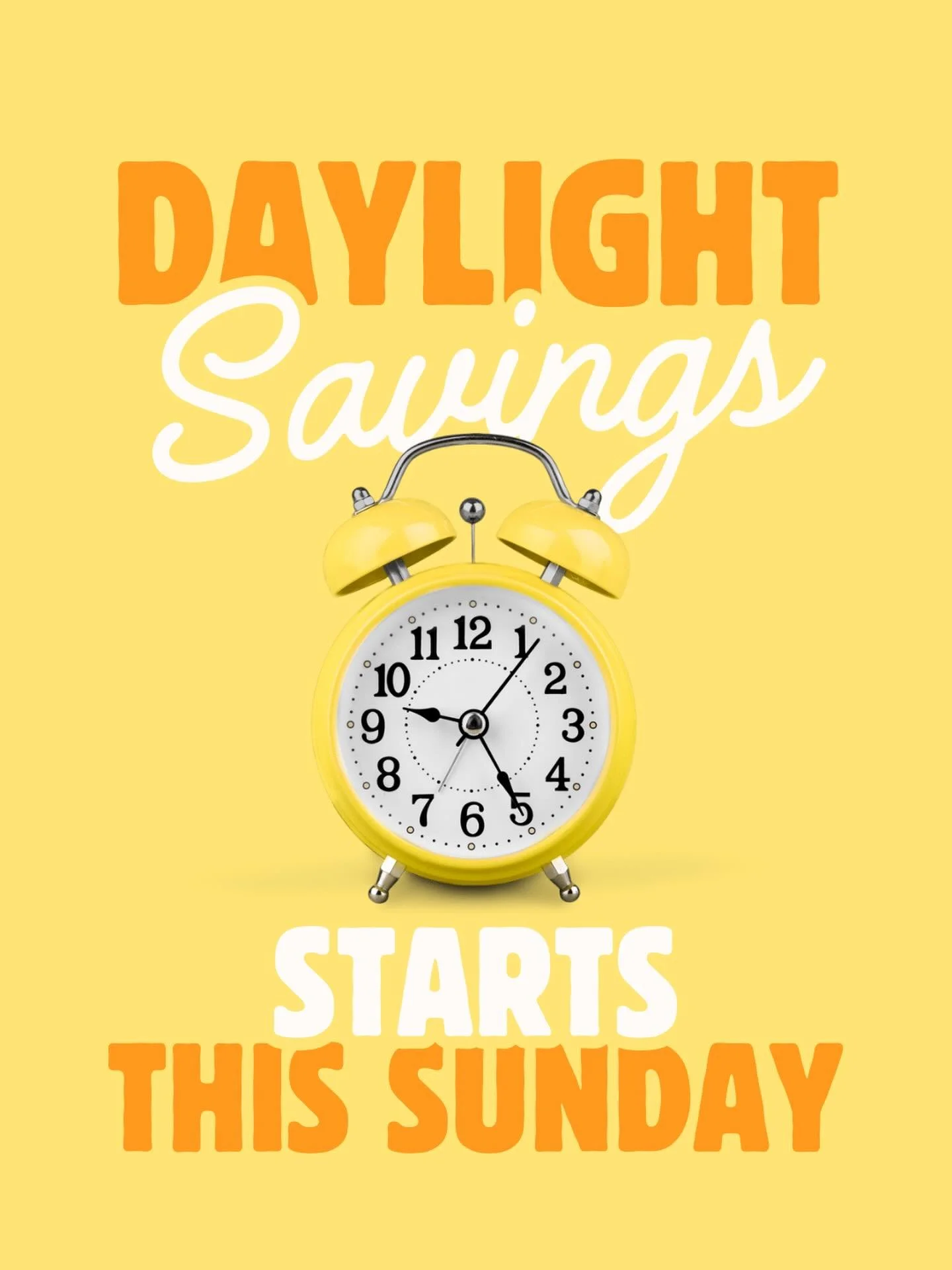 Don&rsquo;t forget! ⏰ Daylight Saving Time starts tomorrow, so be sure to set your clocks ONE HOUR AHEAD tonight.

We can&rsquo;t wait to see you in the morning&mdash;just don&rsquo;t let the time change make you late! Sunday School starts at 9 AM an