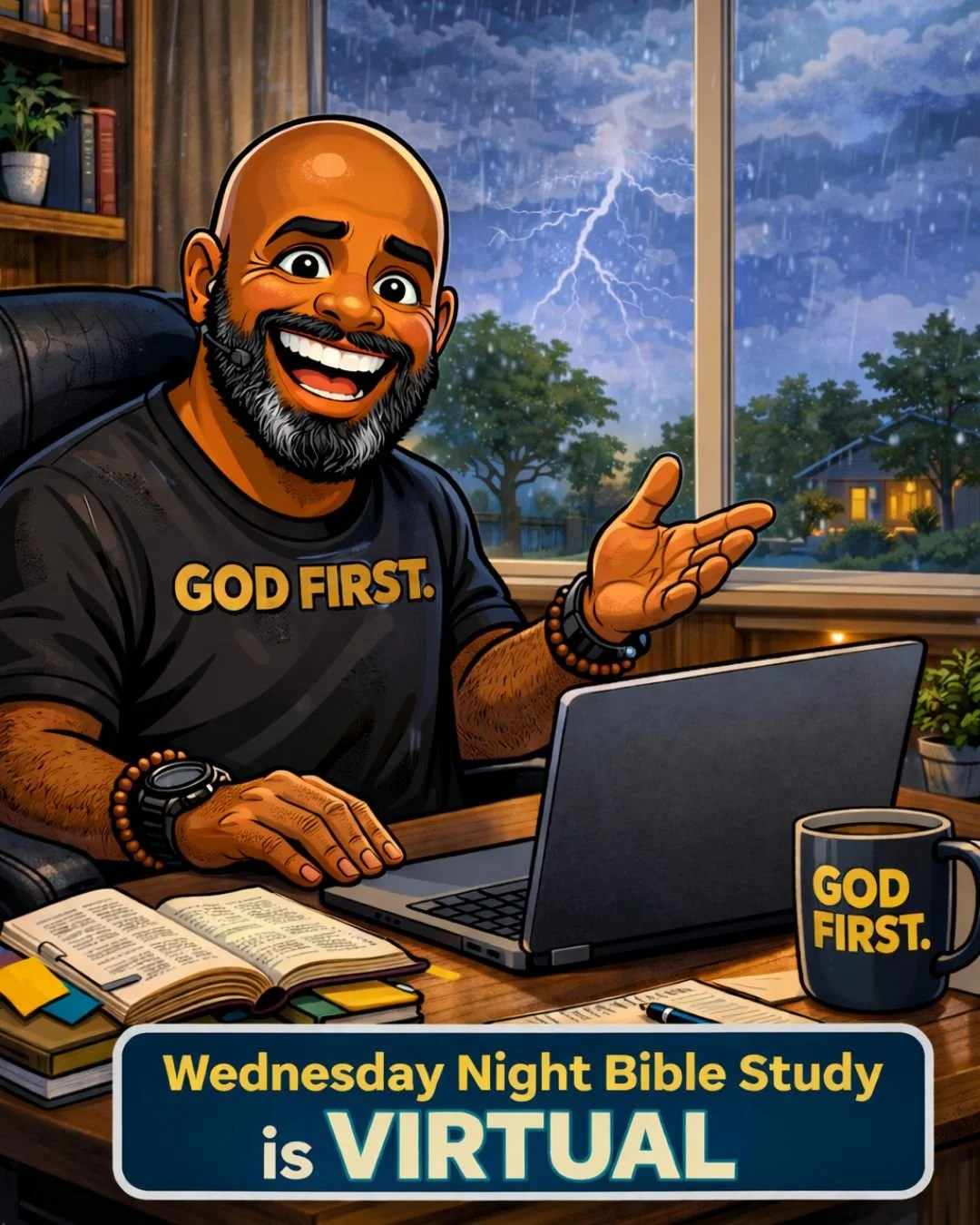 🌩️ Weather Update &ndash; Bible Study Tonight

Due to severe thunderstorms moving through the area this evening, tonight&rsquo;s Wednesday Night Bible Study will be VIRTUAL.

Your safety matters to us, so instead of gathering in person, we&rsquo;ll 