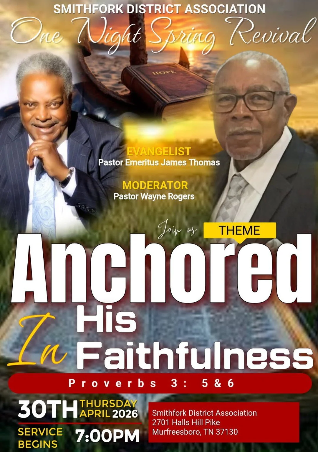 📣 Church Family &mdash; Save the Date!

The Smithfork District Association Spring Revival is happening Thursday, April 30 at 7:00 PM.

Theme: Anchored In His Faithfulness
📖 Proverbs 3:5&ndash;6

Come expecting a mighty move of God and a night of re